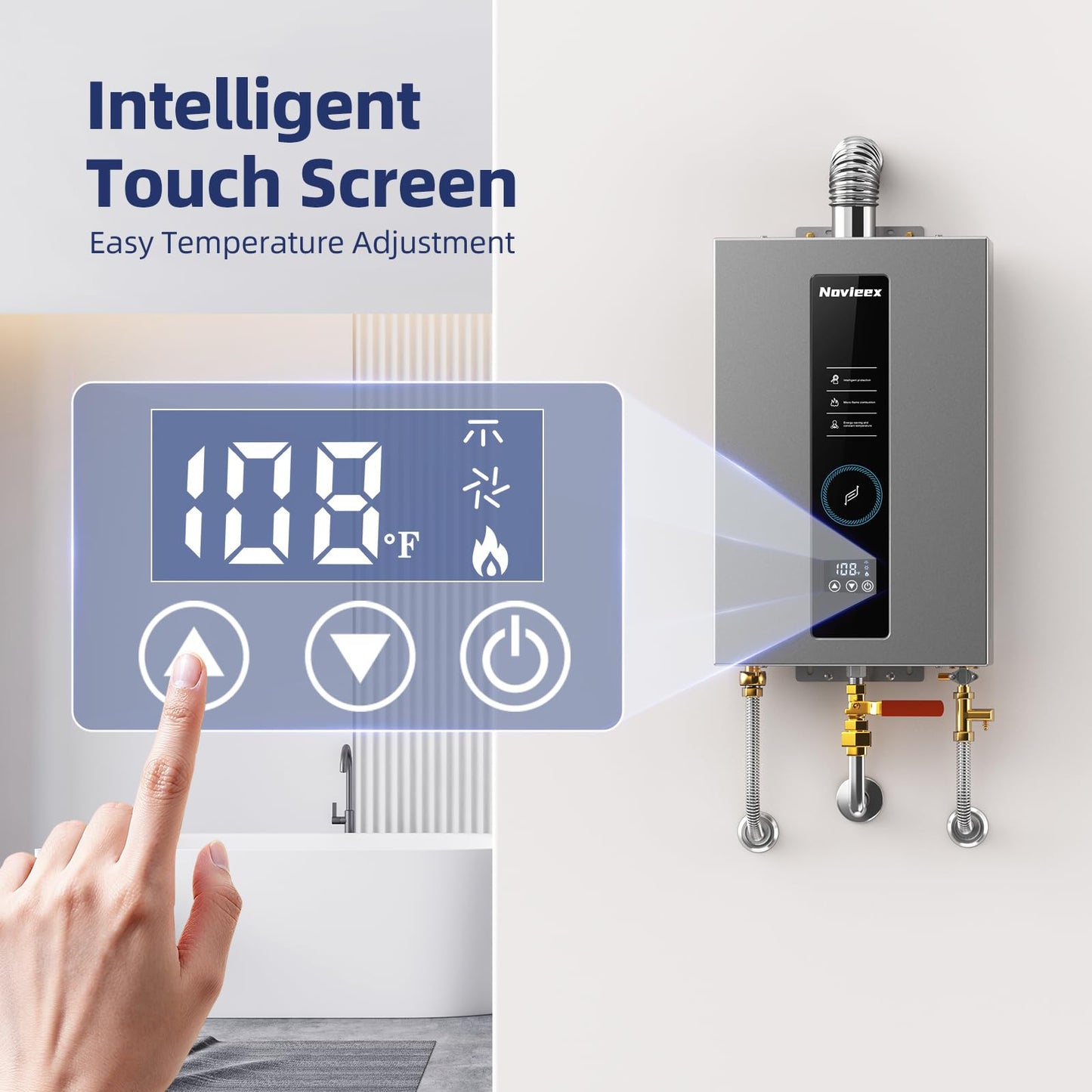 Tankless Water Heater, Novieex On Demand Water Heater Propane Gas, Up to 4.75 GPM, 100000 BTU Instant with LED Display, Indoor Installation, 2-4 Point Use for Family Bathroom Kitchen