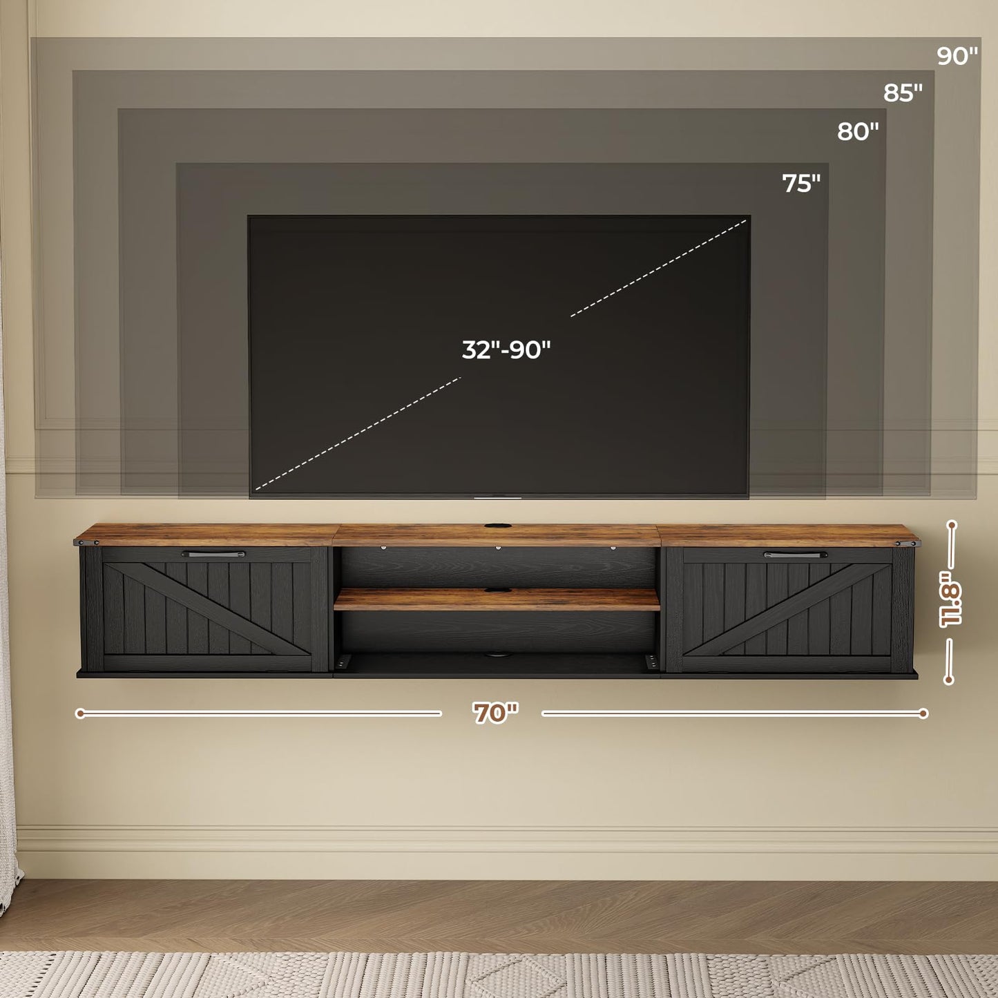 70" Farmhouse Floating TV Stand for TVs up to 90", 2-Tier Floating Entertainment Center with Flip Doors, Floating tv shelf with Storage, Wall Mounted TV Console for Living Room, Bedroom, Black