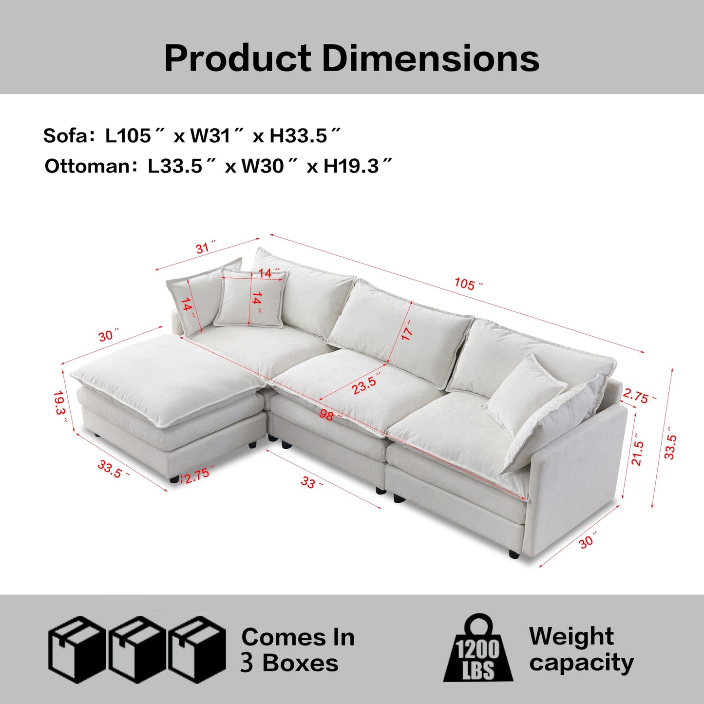 KEIKI 3 Seater Chenille Modular Sectional Couch Sofa with Ottoman, Double-Layer Seat Cushions & Back Cushions, Modern L-Shape Upholstered Cloud Soft Sofa Couches Chaise Lounge for Living Room
