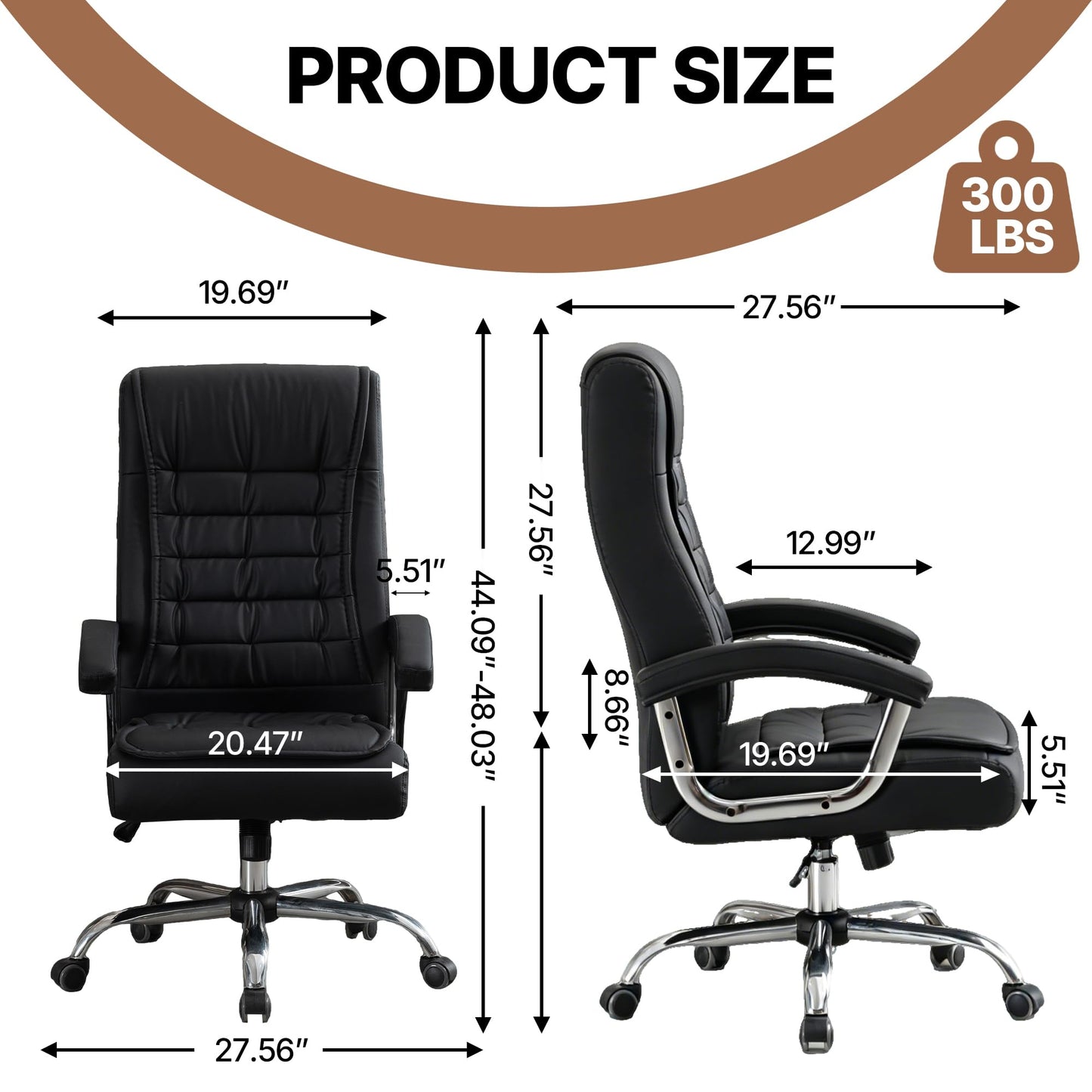 KEIKI Executive Office Chair High Back PU Leather Desk Chair with Spring Cushion, Ergonomic Swivel Computer Chair, Chrome Armrests, Adjustable Rolling Chair for Home Office, Black