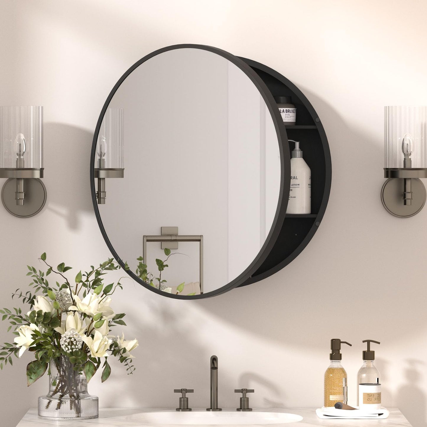 YTSMIR 24 x 24 Inch Round Medicine Cabinet Mirror Black,Circular Bathroom Mirror with Storage Wall Mounted,Metal Framed Medicine Cabinets with Tempered Glass Adjustable Shelves for Bathroom Vanity