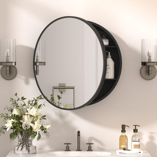 YTSMIR 24 x 24 Inch Round Medicine Cabinet Mirror Black,Circular Bathroom Mirror with Storage Wall Mounted,Metal Framed Medicine Cabinets with Tempered Glass Adjustable Shelves for Bathroom Vanity