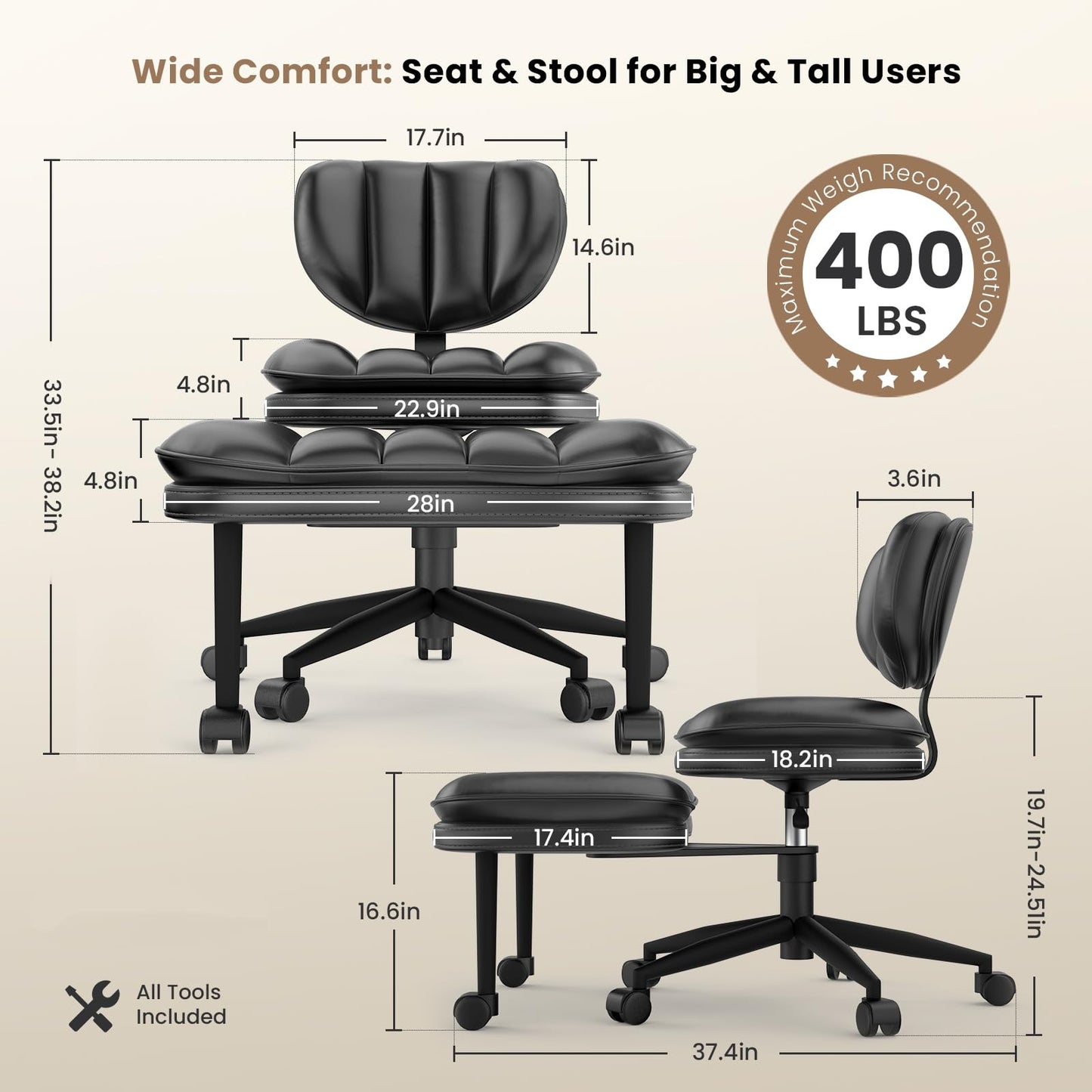 Extra-Wide & Tall Cross-Legged Office Chair – Deeply-Padded Cloud Seat, Ergonomic Back Support, Adjustable Height for ADHD & Meditation