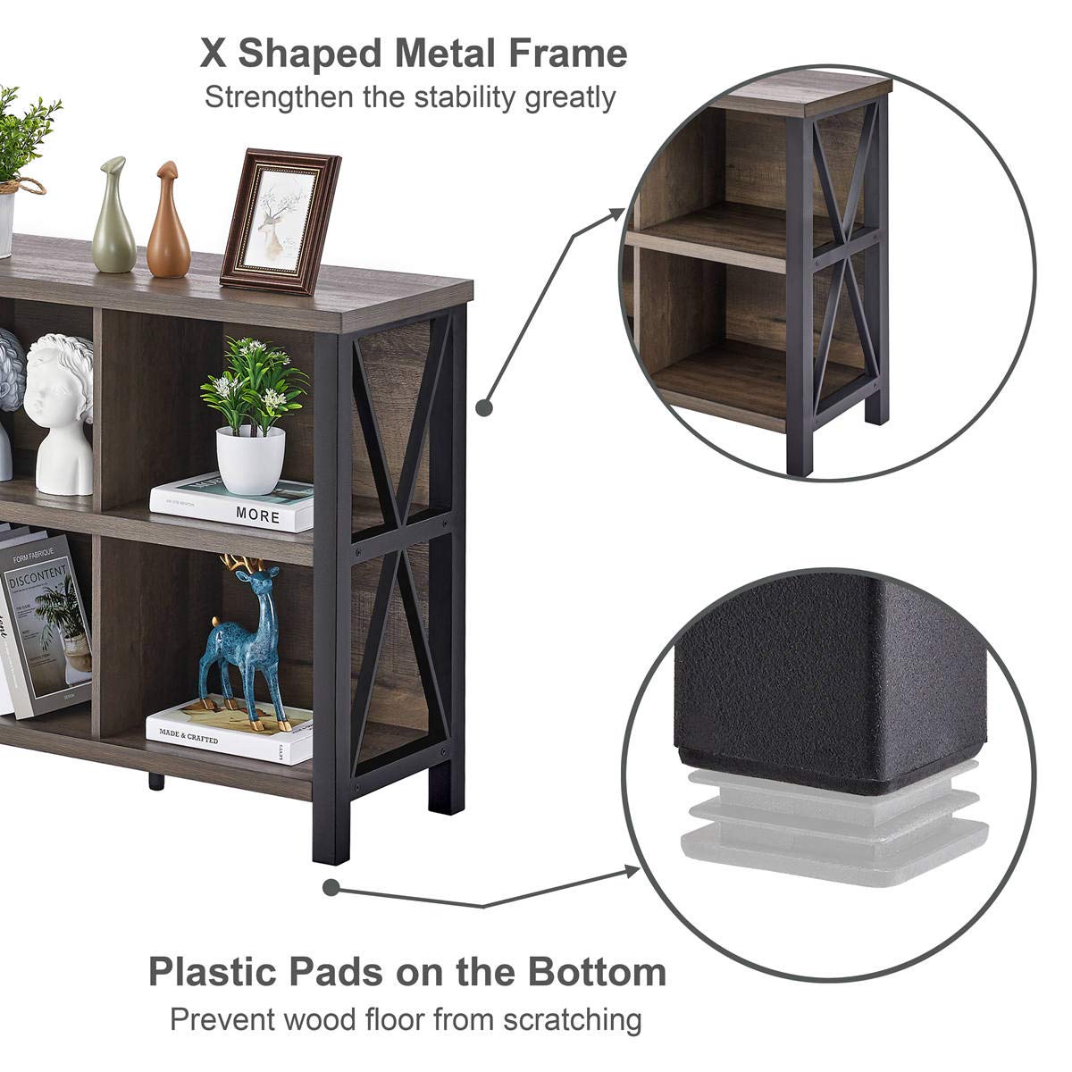 FATORRI 8 Cube Storage Organizer Bookshelf, 62 Inch Rustic Wood Horizontal Bookcase, Industrial Cube Long Book Shelf for Living Room, Home Office (Walnut Brown)
