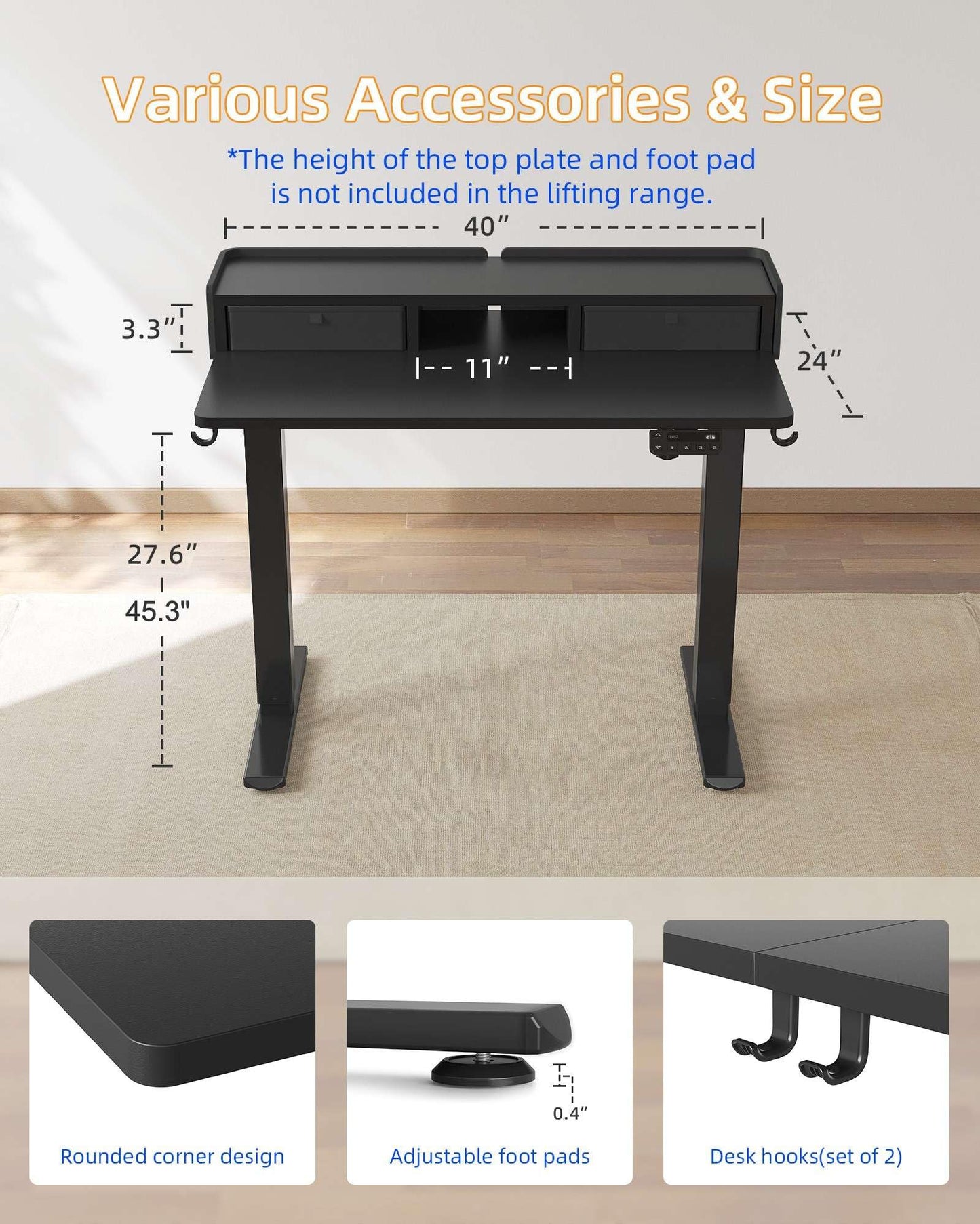 YIHAYO Electric Standing Desk with Drawers, 40 x 24 Inches Adjustable Desk with Storage Shelf, Stand Up Desk with Splice Board, Computer Desk for Home Office, Black Frame/Black Top