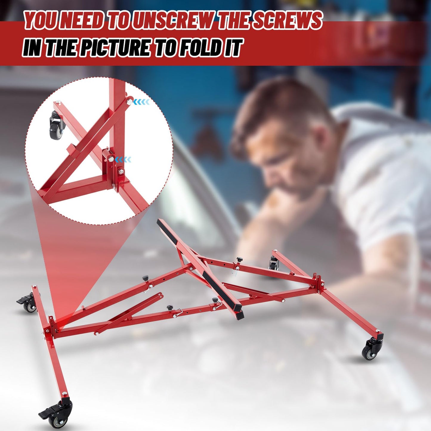 Aurelema Large Folding Pick up Bed Dolly Truck Bed Stand Auto Body Dolly that Holds up to 600 Lbs Red Automotive Body Cart Truck Lifter
