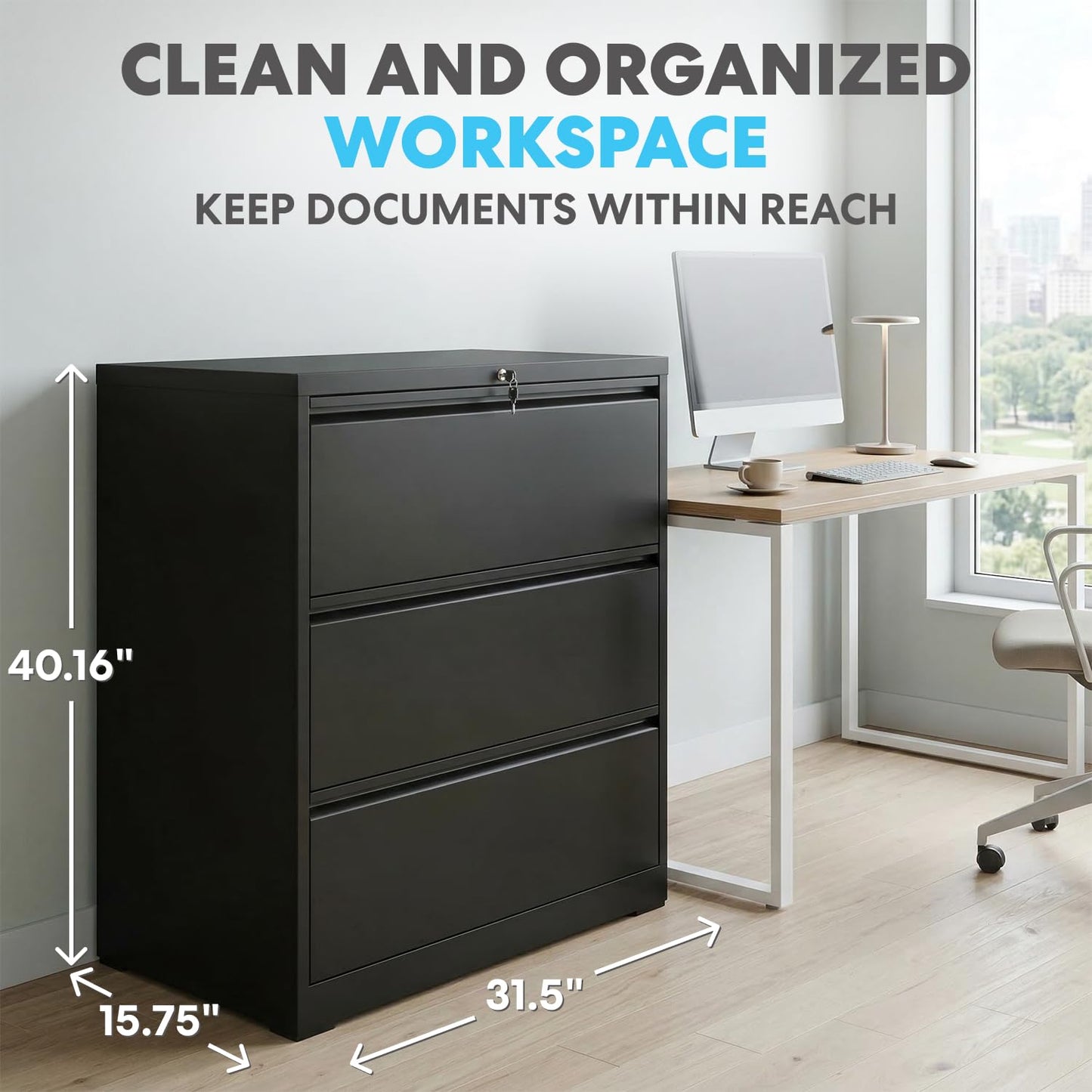 Simpli-Magic 3 Drawer Vertical Metal File Cabinet with Lock, Black