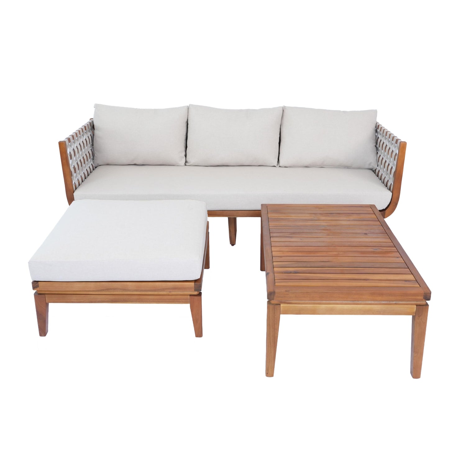 Merax 3 Piece Outdoor Patio Furniture Set,All-Weather Acacia Wood Sectional Sofa with Ottoman,1 Coffee Table for Porch, Lawn, Backyard, Balcon,Beige Rope & Water-Repellent Fabric Cushions,Teak+ Beige