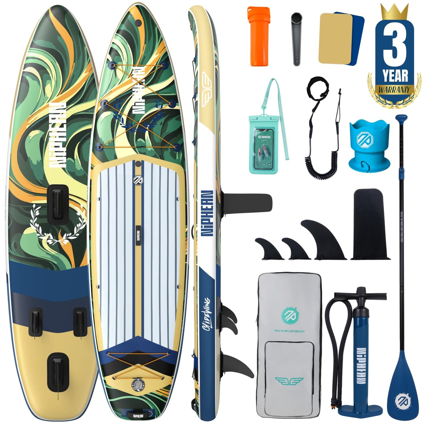 Niphean (Extra Large) Inflatable Paddle Board, SUP for 2+1 People/Family 500lbs Capacity Stand Up Paddle Board with SUP Accessories, StabilTrac Fin Non-Slip Paddleboard for Adults-Glass Green