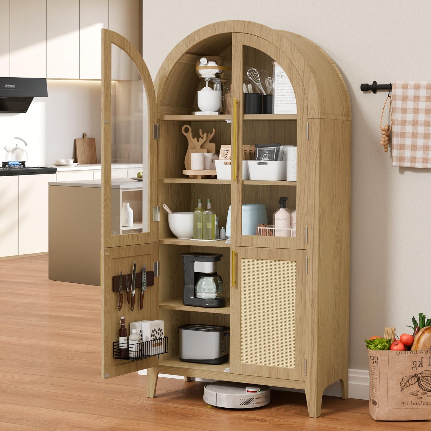 TRUNBACK 63" Tall Arched Cabinet with Glass Doors, Kitchen Pantry Storage Cabinet with Dust-Proof Rattan, 5-Tier Curio China Cabinet with Adjustable Shelves for Living Room Dining Room, Oak