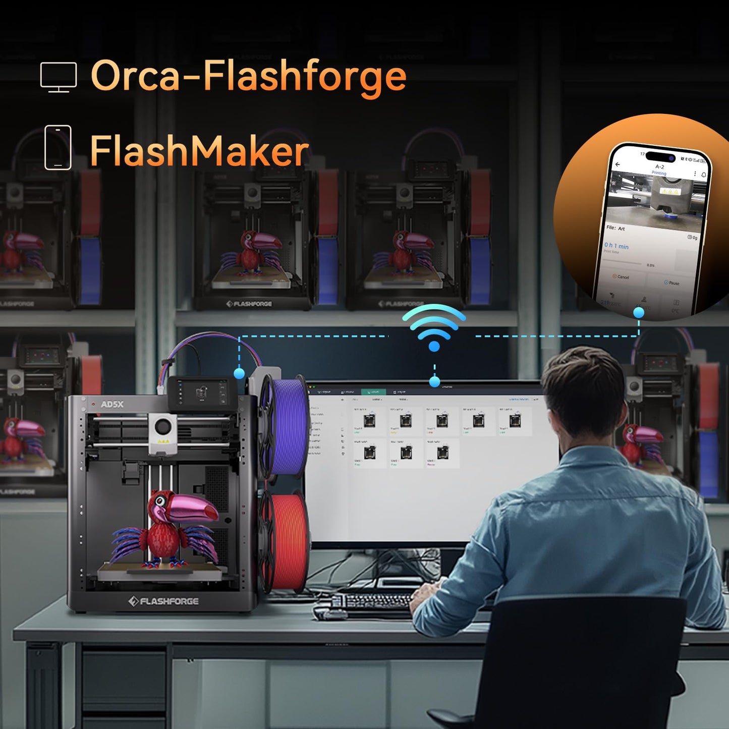 Flashforge AD5X Multi-Color 3D Printer, 600mm/s High-Speed 4 Color 3D Printer with 300˚C Nozzle, Auto Leveling and PEI Flexible Plate, 8.7 x 8.7 x 8.7in
