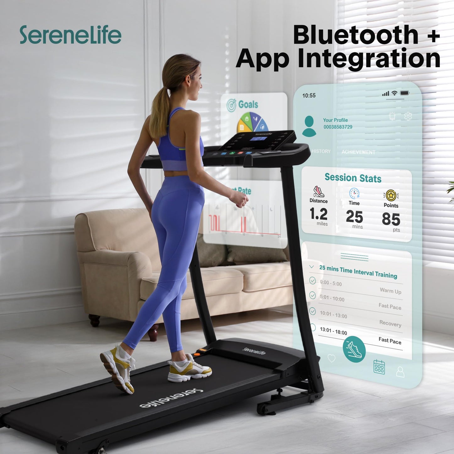 SereneLife Treadmill with Incline & Handle Bars | Compact Portable Walking Pad & Treadmill for Home/Apartment | Wide Running Belt 40" x 16" | Includes Workout Trainer Program with Bluetooth App