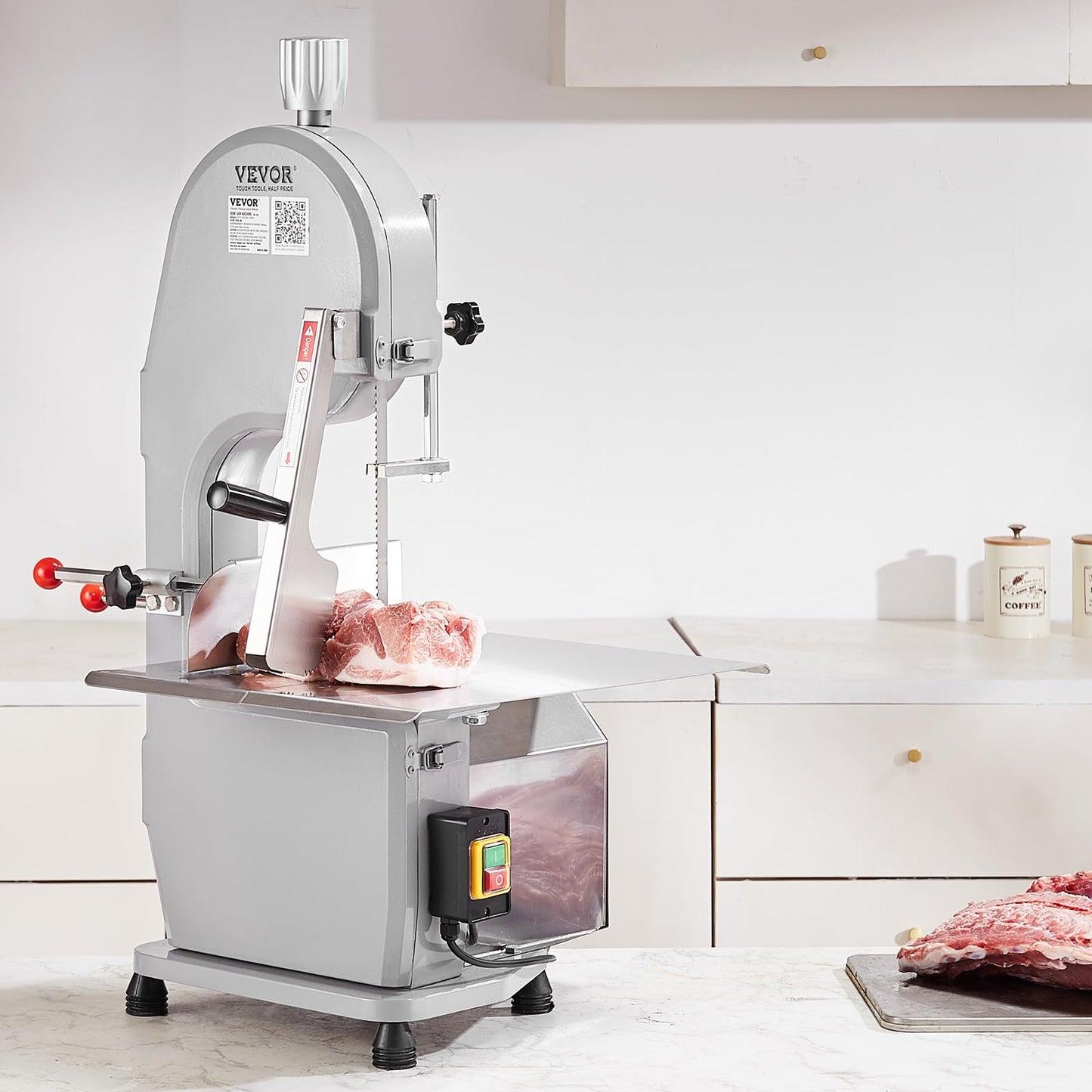 Commercial Electric Meat Bandsaw, 1500W Stainless Steel Countertop Bone Sawing Machine, Workbeach 19.3" x 15", 0.16-7.9 Inch Cutting Thickness, Frozen Meat Cutter with 6 Blades for Rib Pork Beef