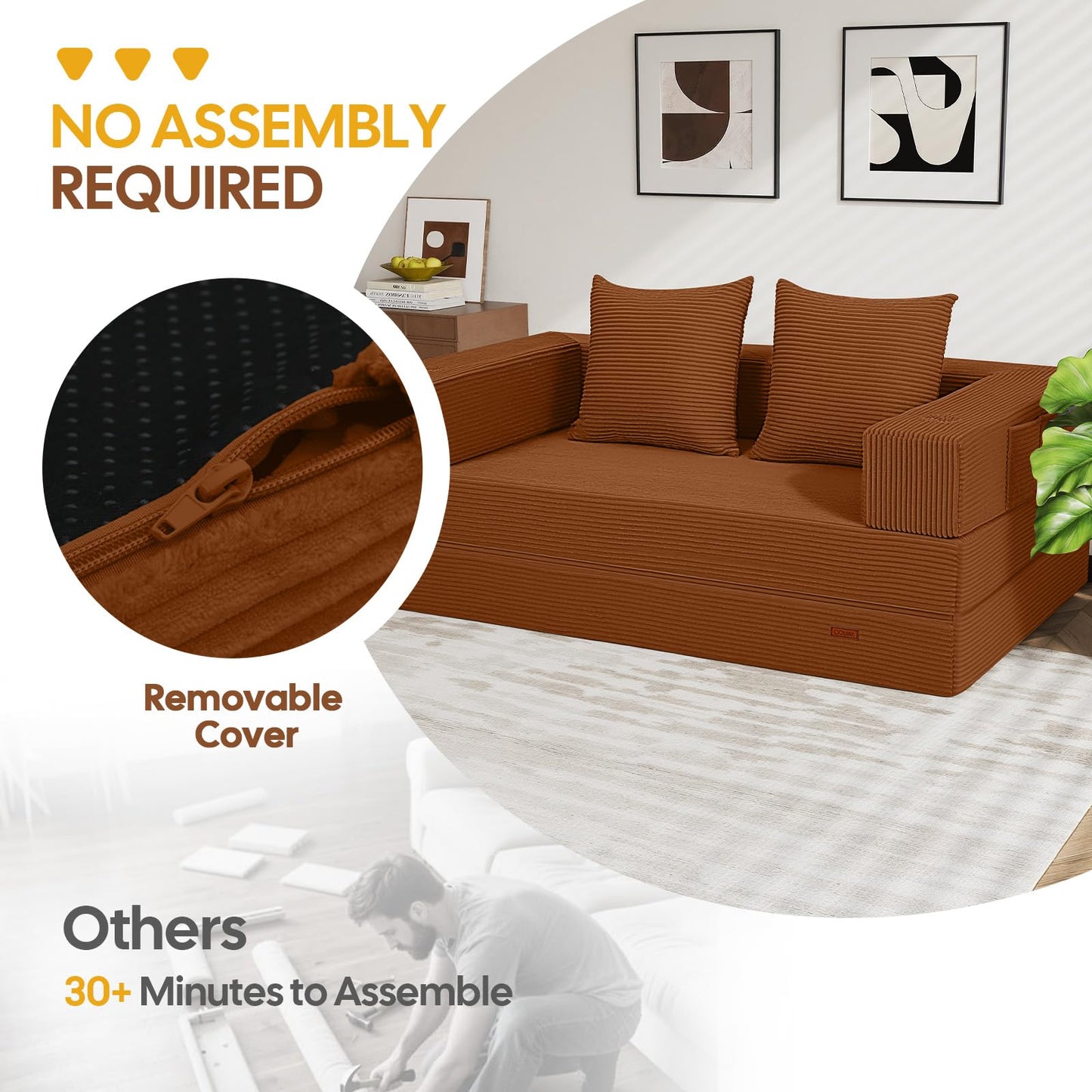 COMAX Futon Sofa Bed, 4‑in‑1 Convertible Sofa Bed, Folding Boneless Couches for Living Room, Fold Out Small Foldable Loveseat Floor Sleeper Comfy Mattress Lounge Space‑Saving, Orange