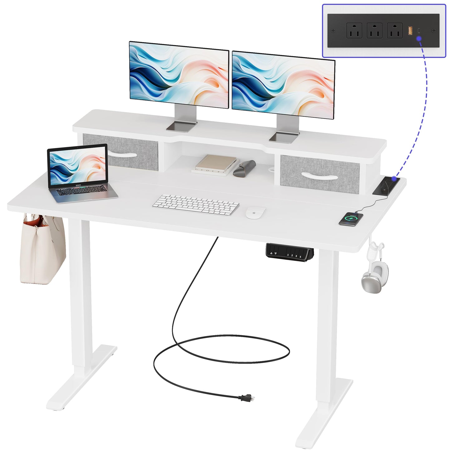 JOISCOPE 48 Inch Electric Standing Adjustable Height Desk with USB & Type-C Outlet, Home Office Computer Gaming Desk with Display Riser and Double Drawer, Sit Stand Desk, White