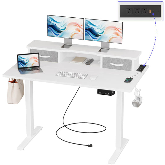 JOISCOPE 48 Inch Electric Standing Adjustable Height Desk with USB & Type-C Outlet, Home Office Computer Gaming Desk with Display Riser and Double Drawer, Sit Stand Desk, White