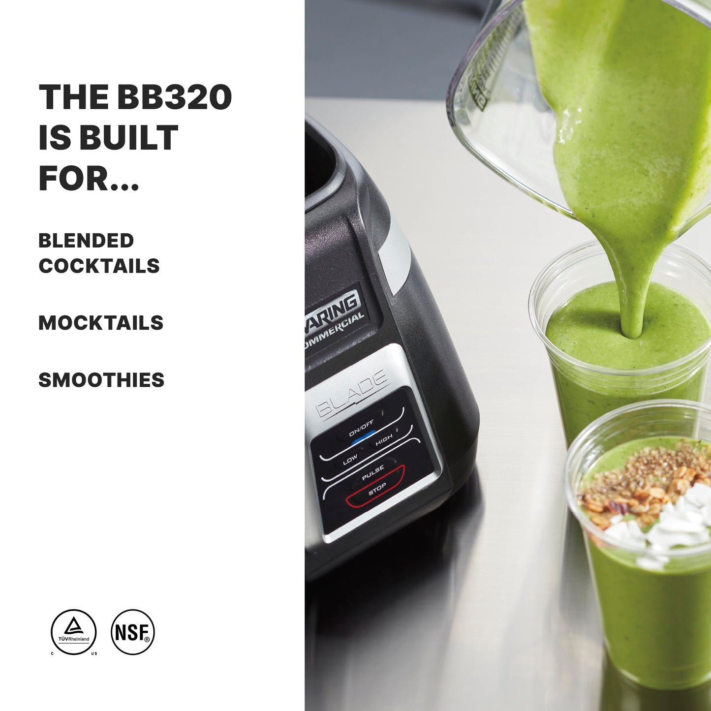Waring Commercial BB320 Blade 1 HP Blender, Toggle Switch Controls with Pulse feature, 48 oz BPA Free Copolyester Stacking Container, 120V, 5-15 Phase Plug Black
