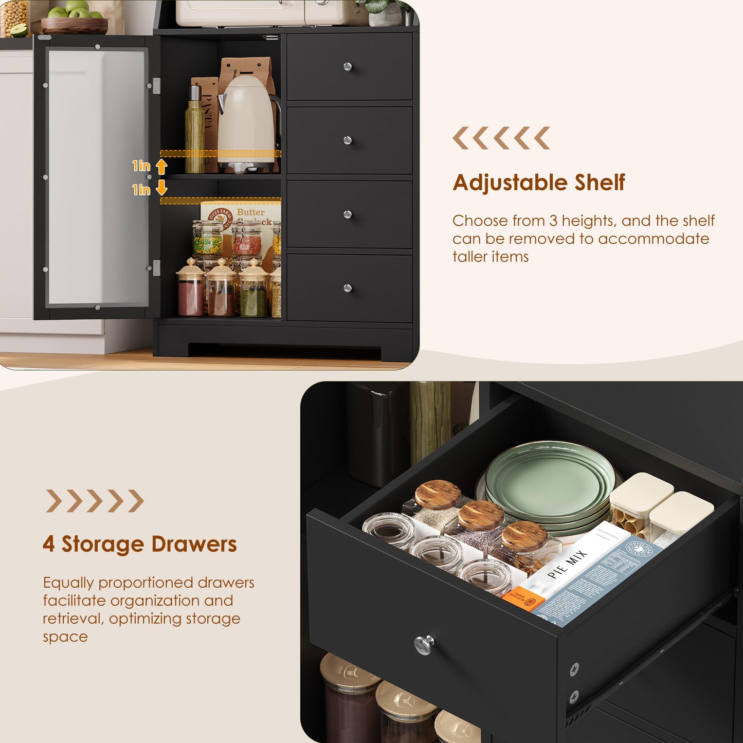 BOTLOG 64'' Kitchen Pantry Storage Cabinet, Tall Kitchen Storage Cabinet with Microwave Stand, Hutch Cabinet with Adjustable Shelves, for Dining Room, Black