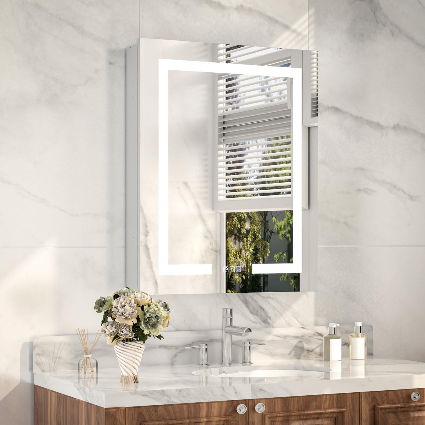 24“x30" LED Medicine Cabinet Mirror, Plastic Bathroom Mirror with Storage, Wall-mounted Mirrored Medicine Cabinets with Adjustable Tempered Glass Shelves, Lighted Mirror Cabinet, Anti-Fog Function