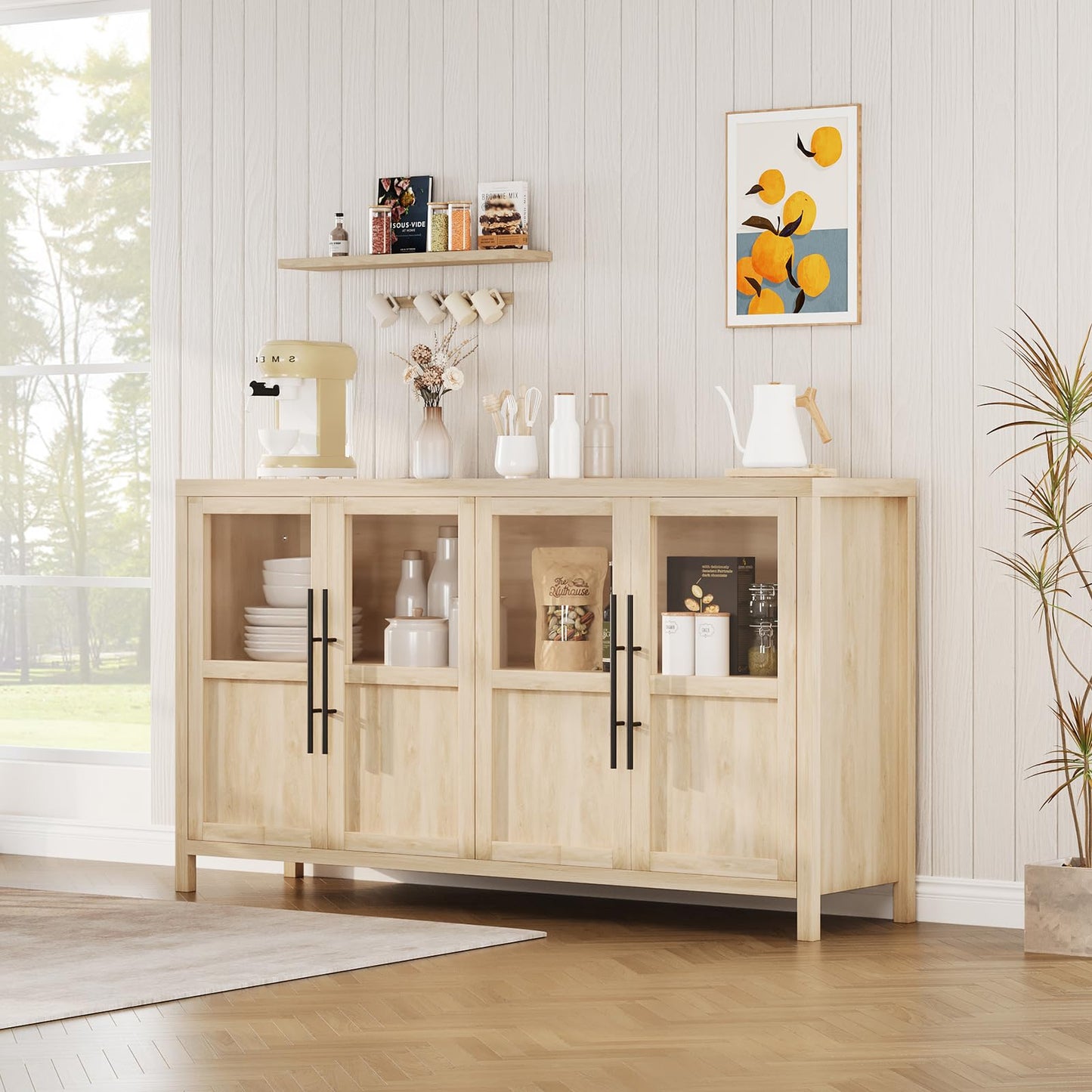 GarveeLife Sideboard Buffet Cabinet with 4 Glass Doors, 55 Inch Coffee Bar Wine Display Cabinet, Modern Storage Console for Kitchen Dining Room Living Room, Natural
