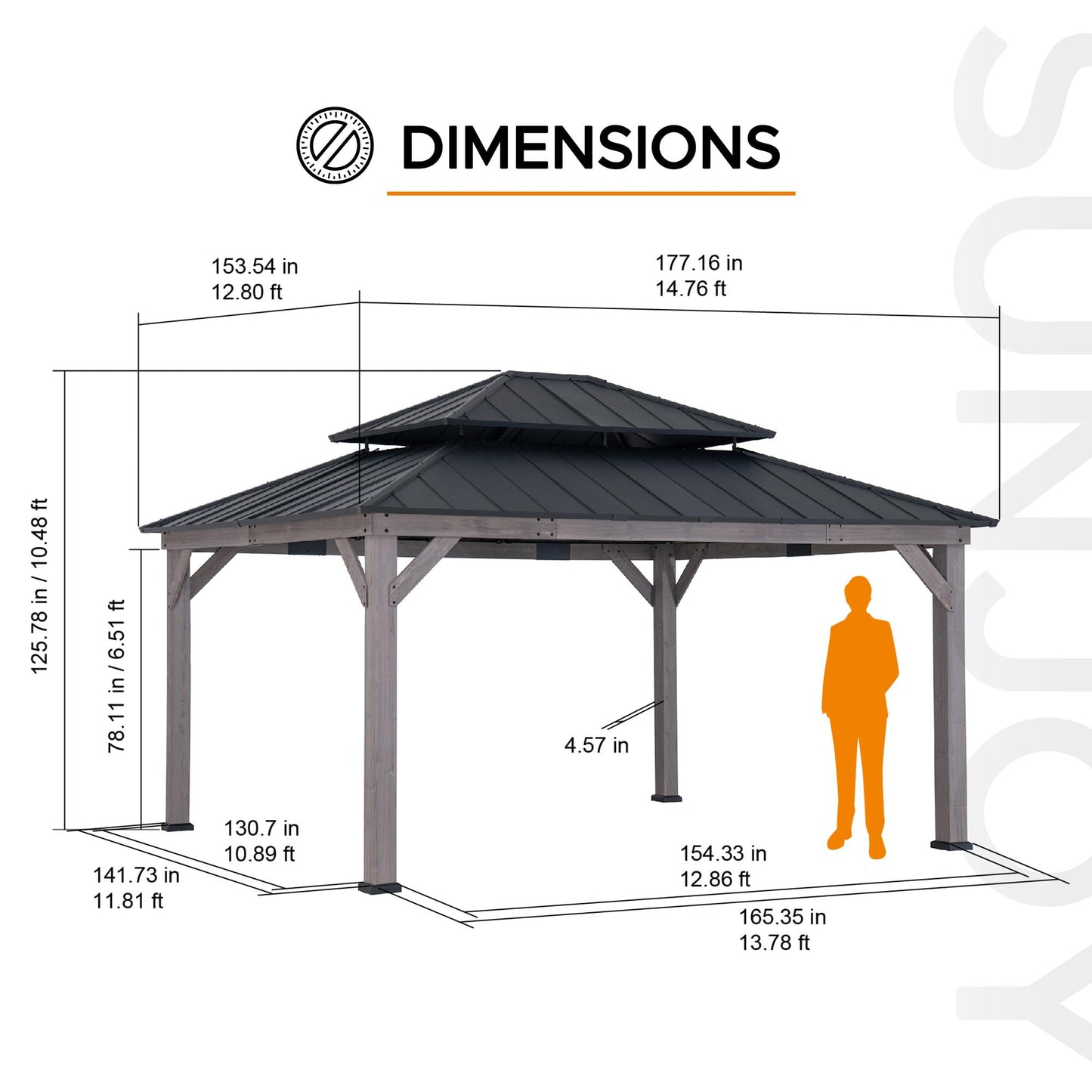 SUNJOY 13 x 15 ft. Wood Gazebo, Outdoor Patio Cedar Framed Wooden Hardtop Gazebo with 2-Tier Metal Roof, Suitable for Patios, Lawn and Backyard, Matte Black Roof + Gray Wood Frame