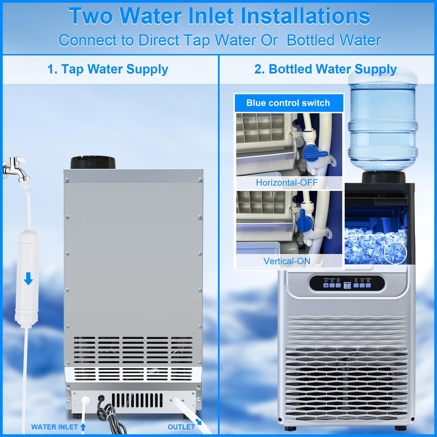 Amzgachfktch Commercial Ice Maker, 100lbs/24H Under Counter/Freestanding Ice Maker with 22 Lbs Storage, 2 Water Inlet Modes, Auto Self Cleaning Ice Machine for Home/Bar/Office/Shop