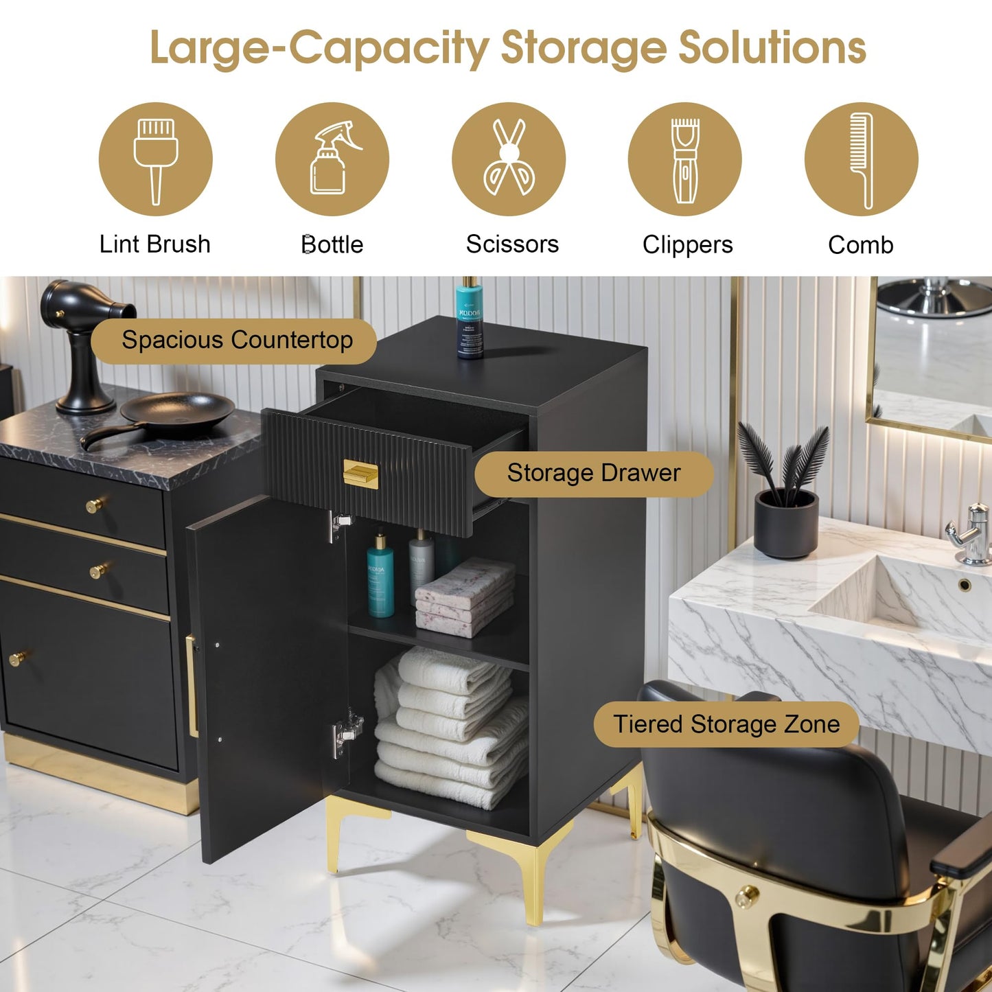 BarberPub Storage Barber Station with Cabinet, Hair Stylist Station for Tools Storage, Black Salon Free-Standing Station Equipment, Drawer 2027