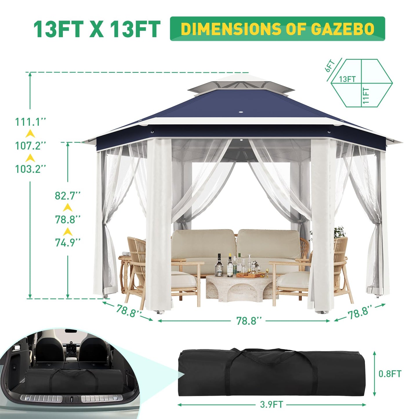 Pop Up Canopy Tent 13x13 Ft Instant Gazebo with Mosquito Netting Enclosure, Adjustable Outdoor Gazebo for Patio, Garden & Backyard Use with UV Protection & 3 Heights (Blue Lightgrey, 13 ft x 13 ft)