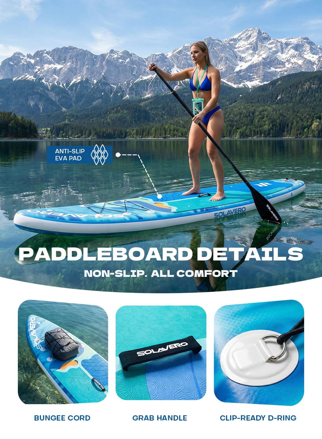 SOLAVERO 11' Inflatable Stand Up Paddle Board with SUP Accessories, Blow Up Paddle Board with Anti-Slip EVA Deck for Adults All Skill Levels, 500lb Capacity