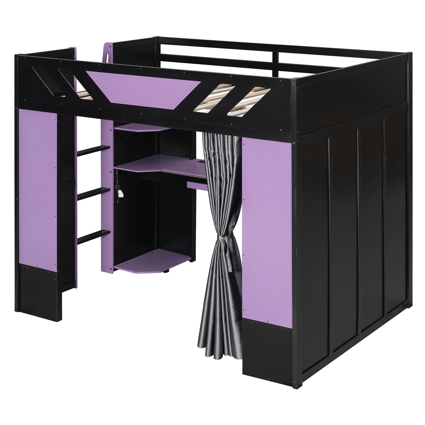Merax Full Size Loft Bed with Desk and Storage Shelves, Gaming Loft Bed Frame with USB Charging Station and Curtains, Space Saving Loft Bed for Teens Bedroom, Purple + Black