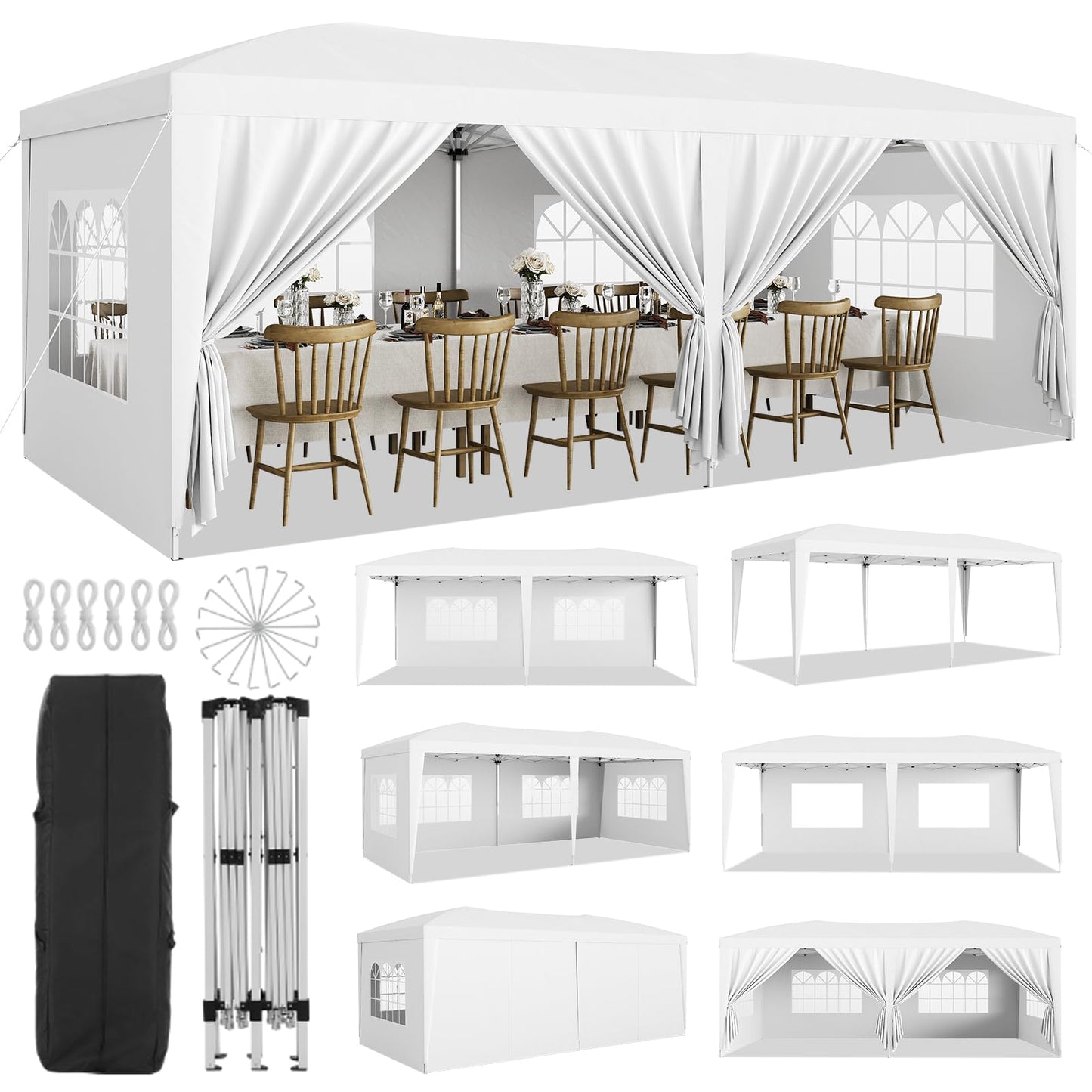 Garvee 10x20 Pop Up Canopy Tent with 6 Removable Sidewalls, Easy Up Commercial Canopy Tents for Parties, Large Heavy Duty Outdoor Canopies with 3 Adjustable Heights, Stakes X18, Ropes X6, White