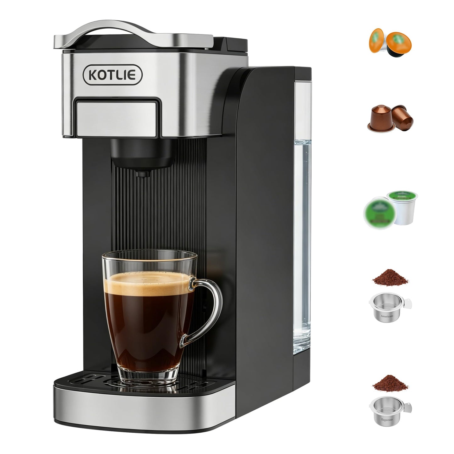 KOTLIE Single Serve Coffee Maker for K*cup/Nes Original/D*G Capsules and Ground Coffee, 50 Oz Removable Reservoir, up to 12oz Cup Sizes,Ideal for Kitchens, apartments, dorm rooms and Offices (CM-827)