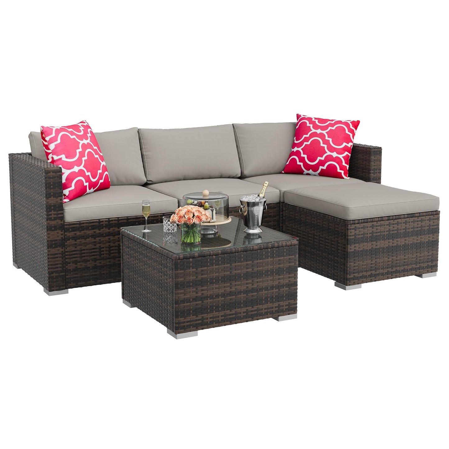 MilleLoom 5-Piece Outdoor Sectional Sofa Set, All-Weather PE Rattan Patio Furniture with Ottoman & Tempered Glass Table, Convertible Garden Couch for Backyard, Porch, Poolside (Brown/Light Gray)