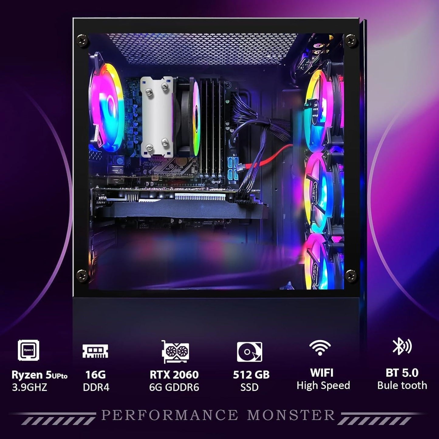 STGAubron Gaming PC Desktop Computer, AMD Ryzen 5 2600 up to 3.9G, GeForce RTX 2060 6G, 16G DDR4, 512G SSD, 600M WiFi, BT 5.0, RGB Fan x4, Windows 11 Home