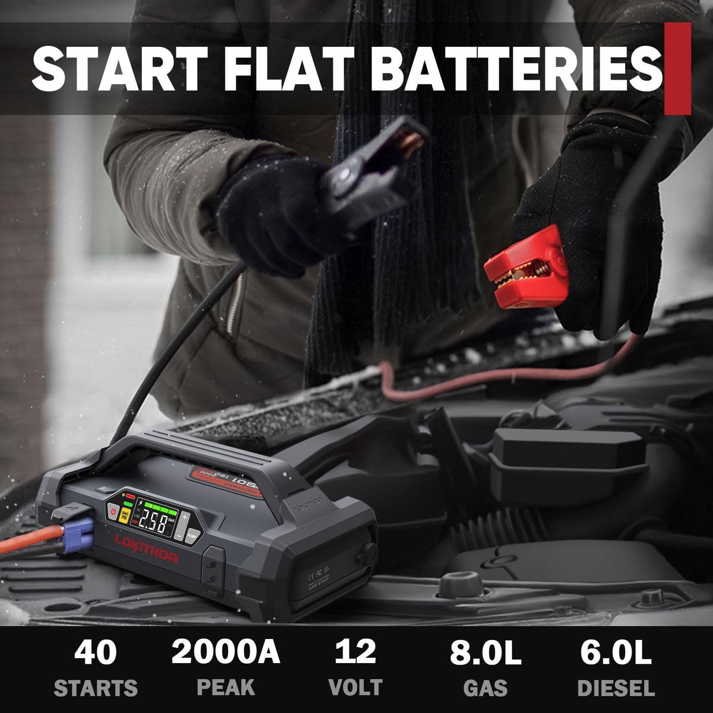 LOKITHOR JA301 Jump Starter with Air Compressor, 2000Amp 12V Portable Car Battery Booster Pack for Upto 8.0L Gas or 6.0L Diesel, 150 PSI Tire Inflator with Digital Screen, 30 Months Ultra-Long Standby