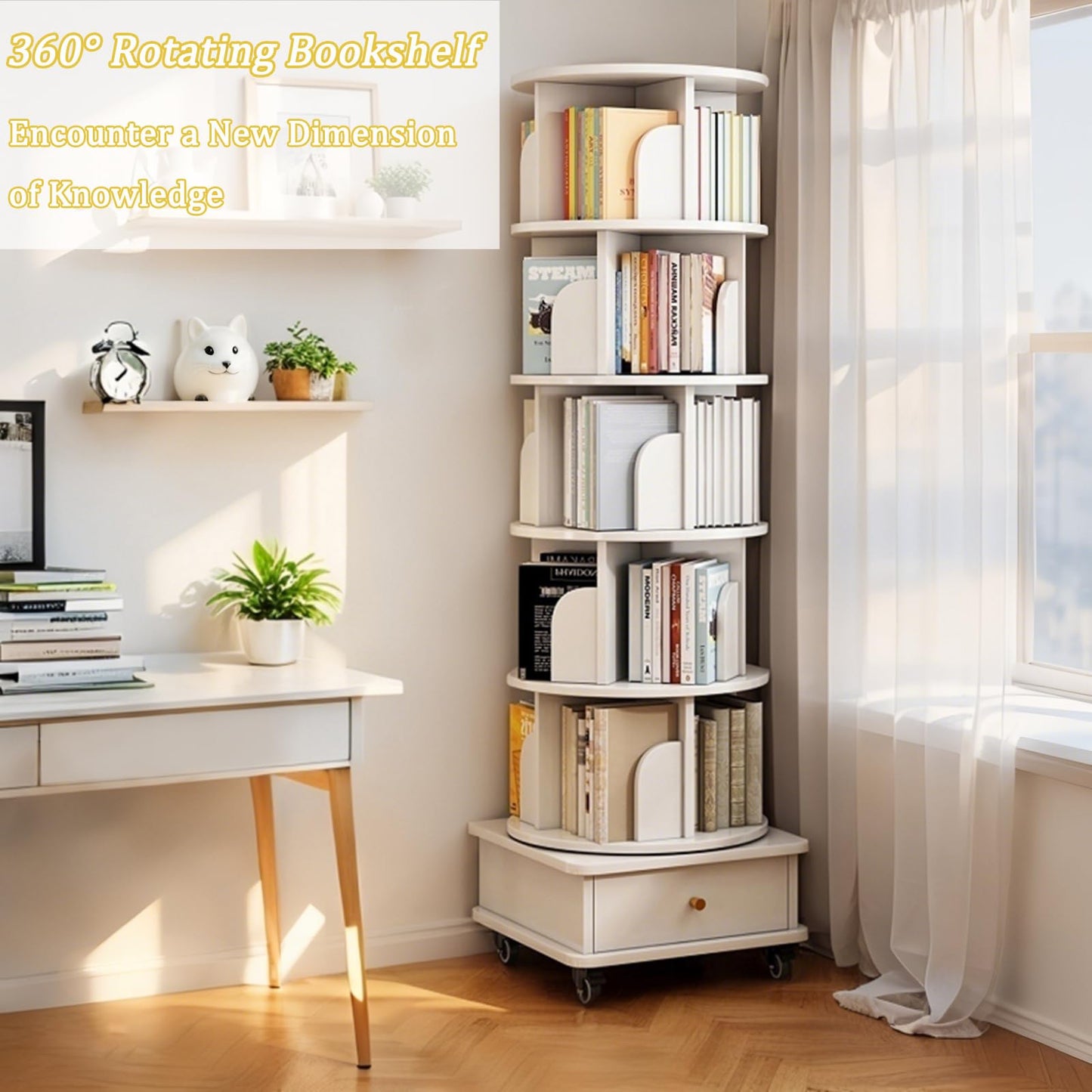 GDFStudio 6-Tier Rotating Bookshelf with Wheels & Drawer, 360° Spinning Round Display Organizer, Space-Saving Storage Tower for Living Room, Home, Office, White
