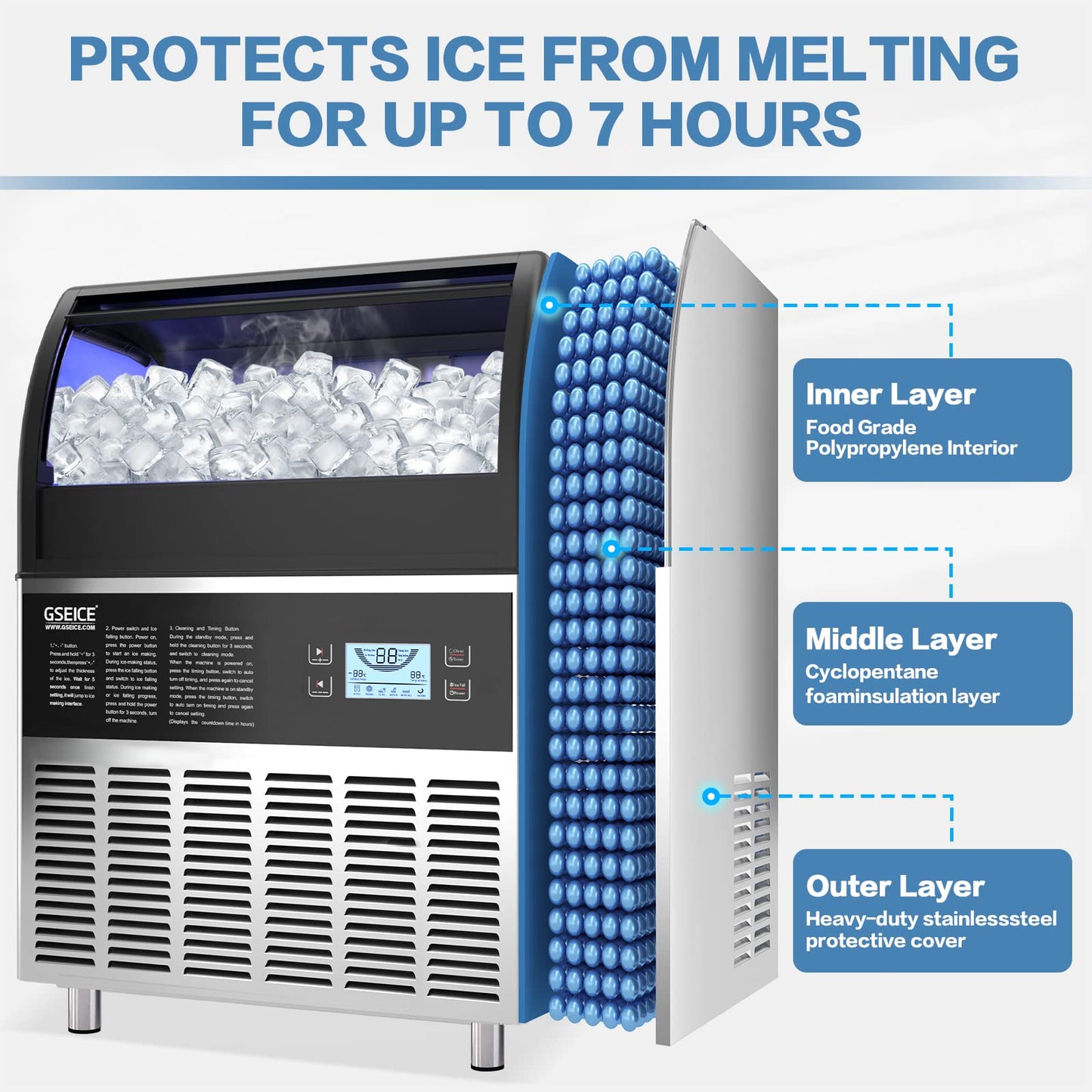 Commercial Ice Maker Machine - 200LBS/24H Under Counter Ice Machine with 70LBS Storage Bin, 90 Ice Cubes in 11Min, Stainless Steel Freestanding Ice Making Machine for Home Bar Outdoor