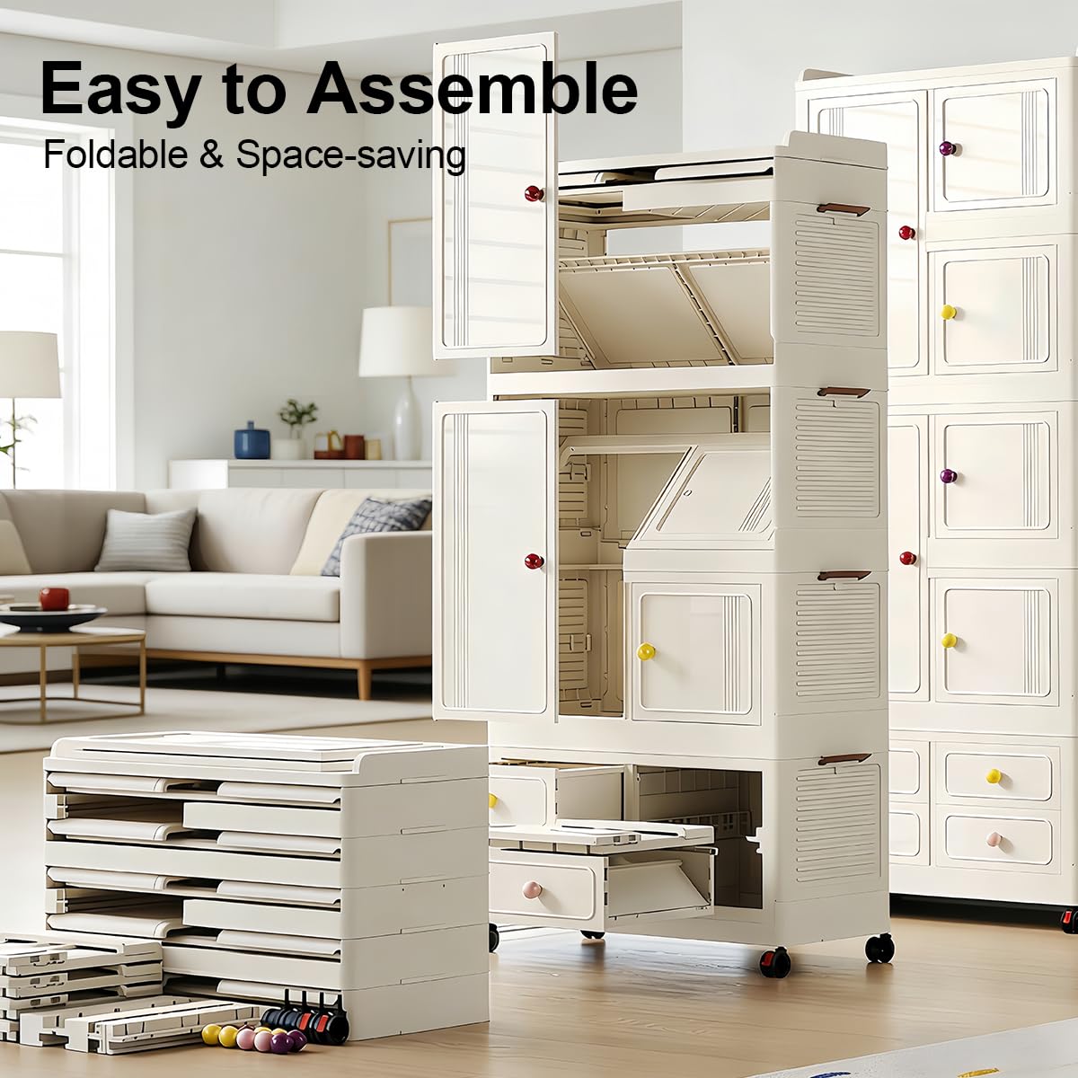FoldTrend Foldable Storage Cabinet with Wheels & Lids, Highly Impact-Resistant ABS, Large Capacity Storage Cabinet for Home, Apartment, Dorm, Living Room - Easy No-Tool Assembly
