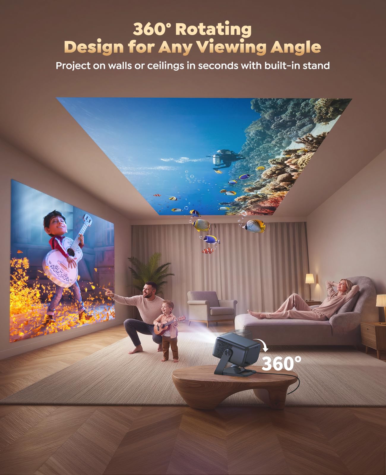 Smart 4K Projector [Google TV Stick Built-in & 360° Stand] with WiFi 6, Bluetooth 5.3, HDR10, 30W Hi-Fi, AI Auto Focus, Outdoor Portable Short Throw Movie Projector for Home Theater Bedroom Ceiling