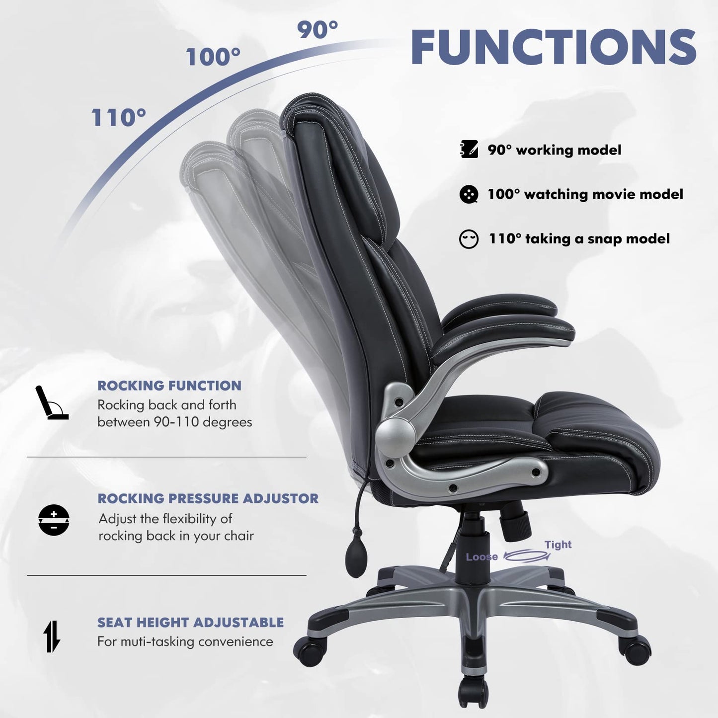 COLAMY High Back Executive Office Chair,Leather Desk Chair with Flip-Up Arms, Adjustable Lumbar Support, Synchro Tilt & Rocking Function, Rolling Swivel Computer Chair for Home & Office, Black