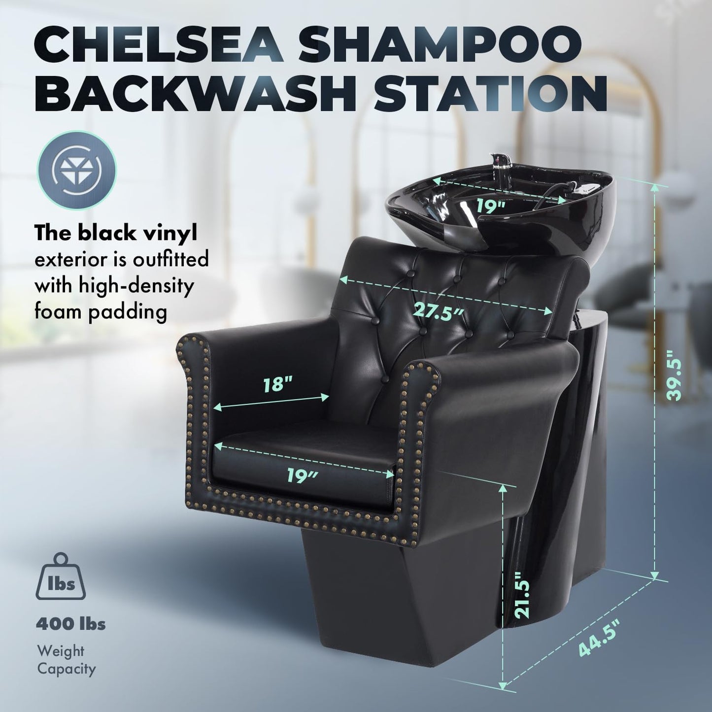 Buy-Rite Chelsea Shampoo Backwash Unit - Tufted Chair, Removable Cushion, Tilting Porcelain Bowl, Single-Lever Faucet, Vacuum Breaker & Install Kit Included - NIN-9902 (Black Chair Black Sink)