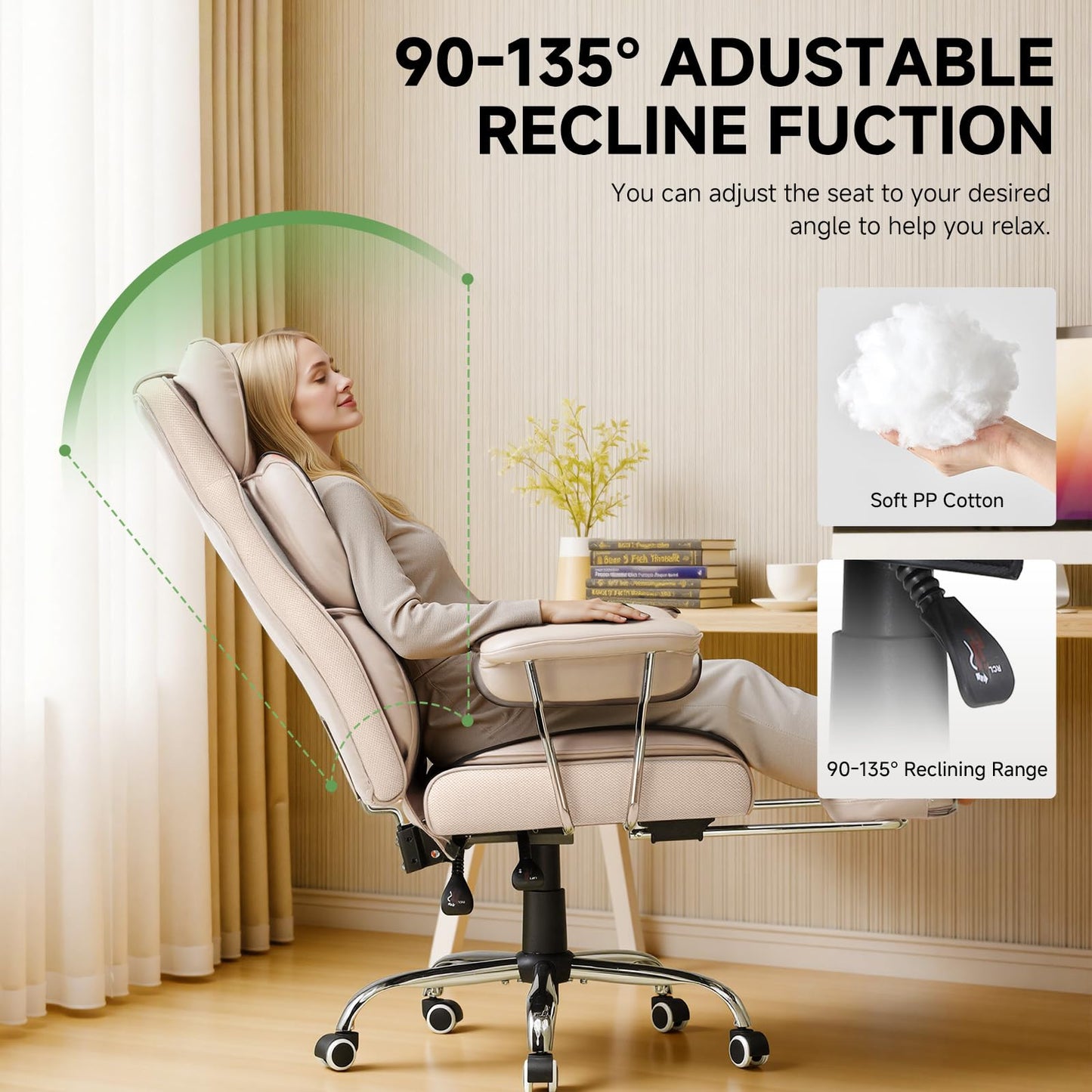 COMHOMA Big and Tall Office Chair, High Back Leather Gaming Chair with Footrest, Executive Ergonomic Office Chairs with Pocket Spring Lumbar Support and with Outward Fixed Soft Armrests
