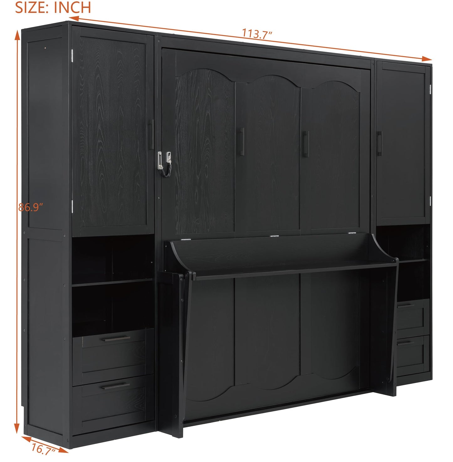 Merax Queen Size Murphy Bed with Desk, Closet, Drawers and Shelves, Fold into The Wall, Space-Saving Foldable Wood Platform Bed Frame for Small Spaces Studio Study Office Guest Room, Black(Oak Veneer)