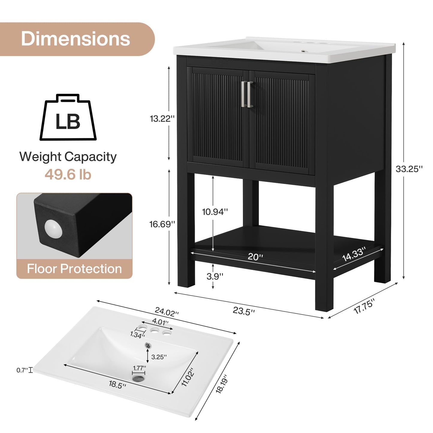 Tribesigns 24" Bathroom Vanity with Sink, Solid Wooden Frame Freestanding Vanity with Ceramic Porcelain Basin, 2-Door Storage Cabinet & Open Shelf for Small Bathroom, Industrial, Black