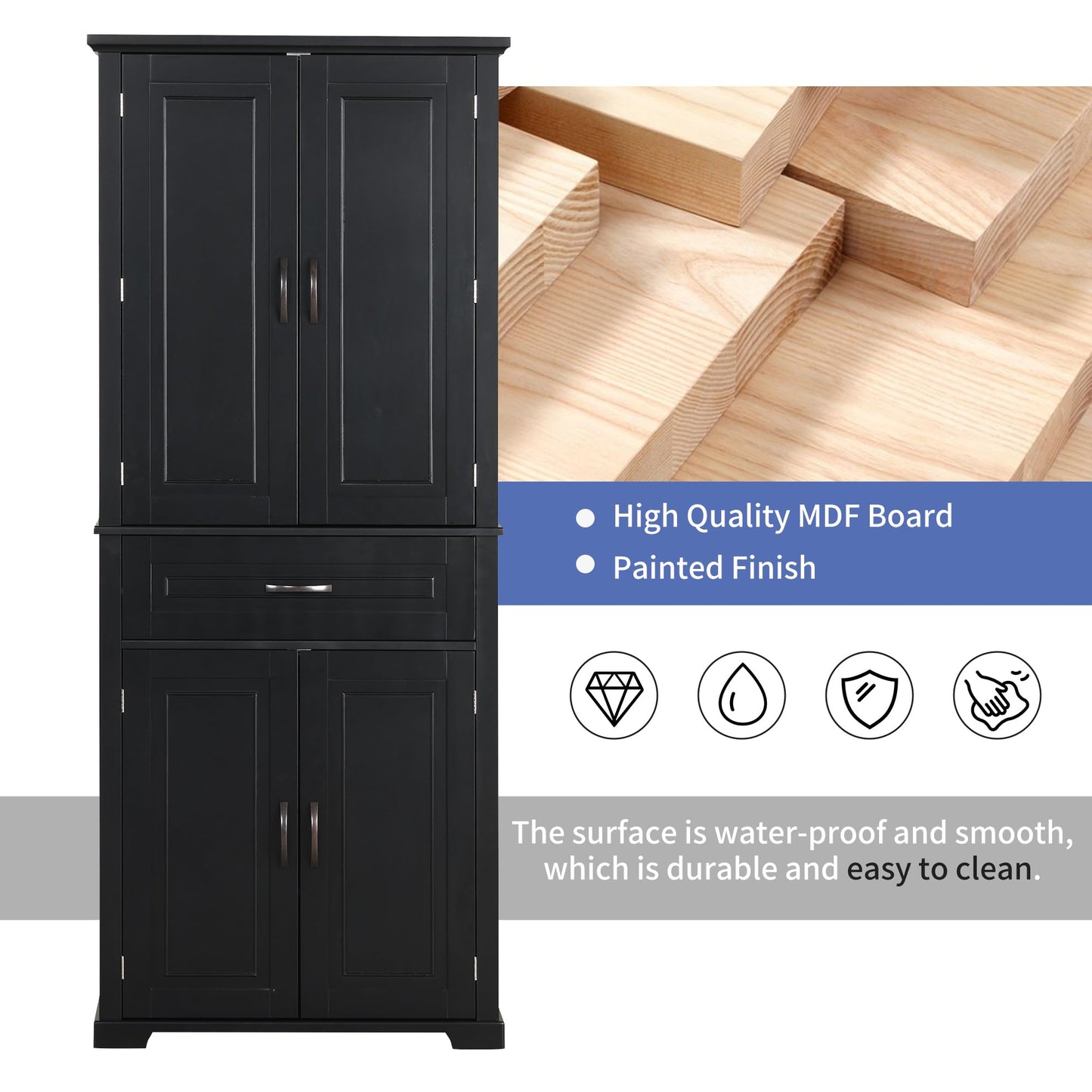 Storage Cabinet with 4 Doors and Drawers, 72.2" H Kitchen Cabinet with 6 Door Shelves, Kitchen Storage Cabinets with Adjustable Shelves for Living Room, Black