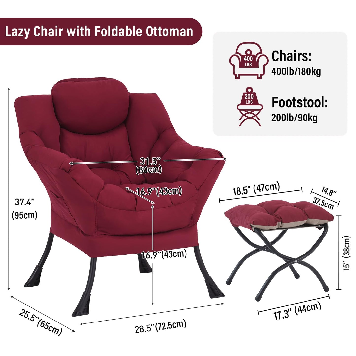 Furlide Lazy Chair with Ottoman, Modern Accent Chairs with Folding Footrest, Burgundy Sofa Chair Set, Comfortable Reading Chairs, Oversized Armchairs for Bedroom, Study, Living Room, Courtyard