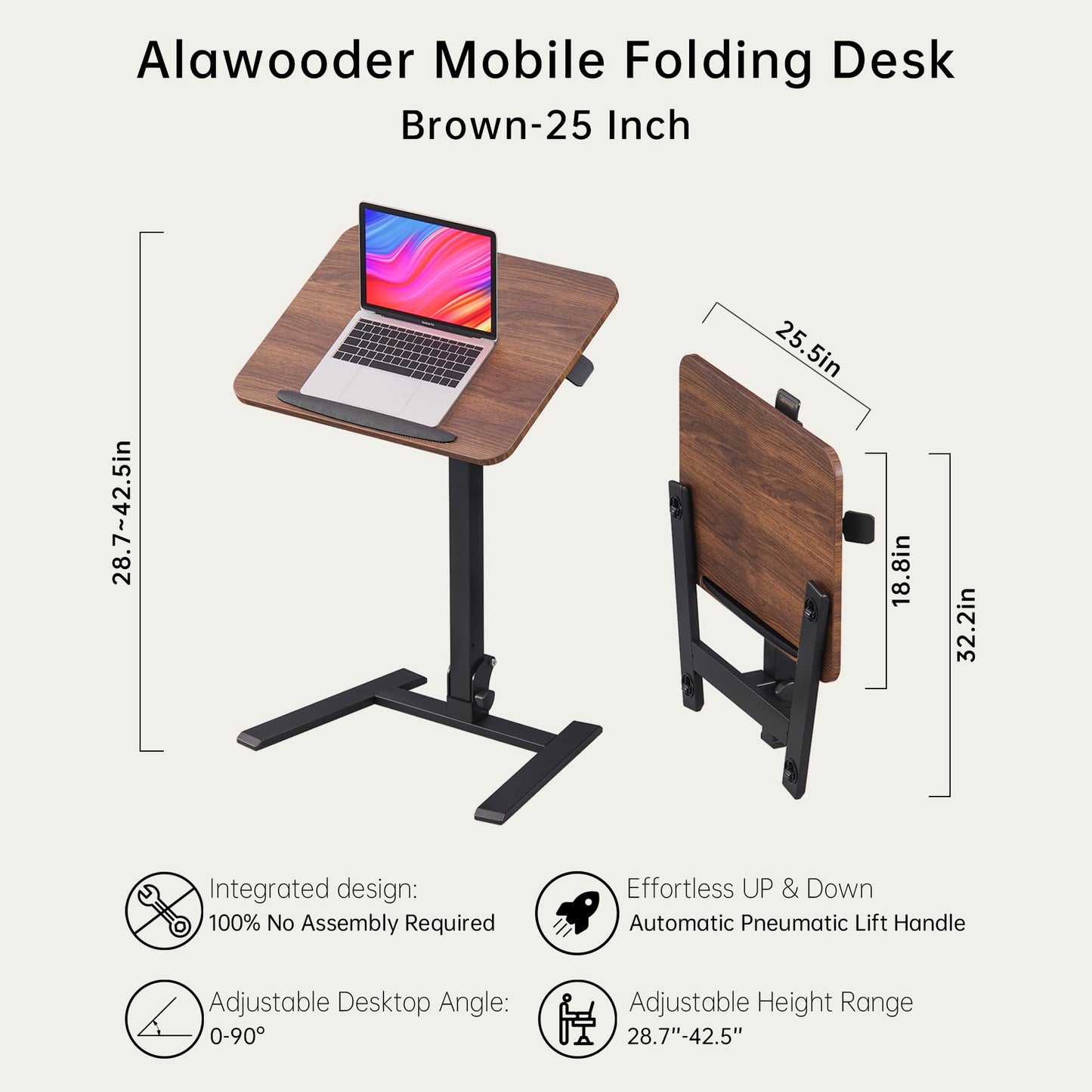 alawooder 25 Inch Mobile Folding Desk - No Assembly, Pneumatic Sit-Stand, 29-42" Height Adjustable Rolling Laptop Desk with Hidden Wheels, 0-90° Tilt Top for Home Office, Craft & Study
