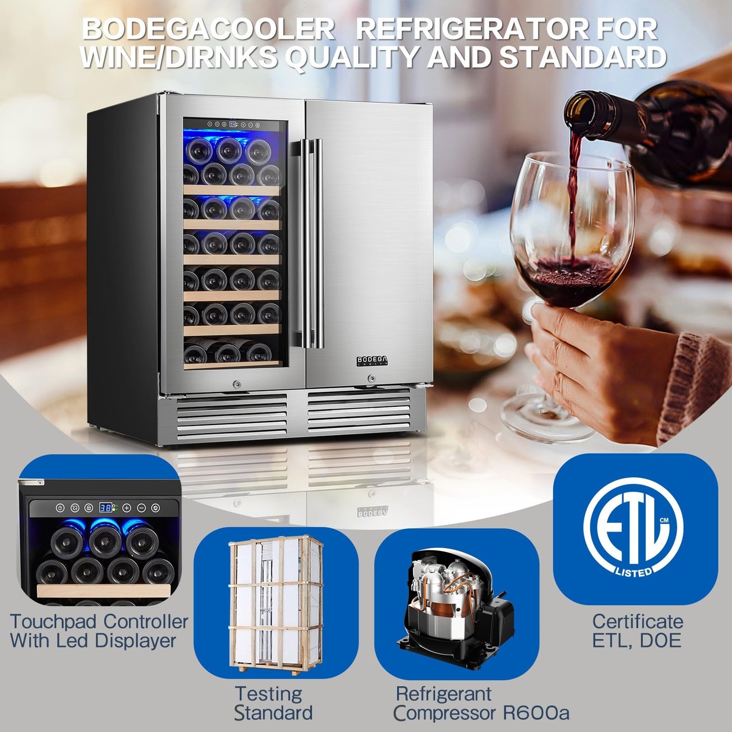 BODEGA 30 Inch Wine and Beverage Refrigerator Free Standing. Dual Zone Stainless Steel Wine Fridge under Counter, Drink Cooler for Beer, Soda, Champagne, Holds 110 Cans and 31 Bottles, Silver