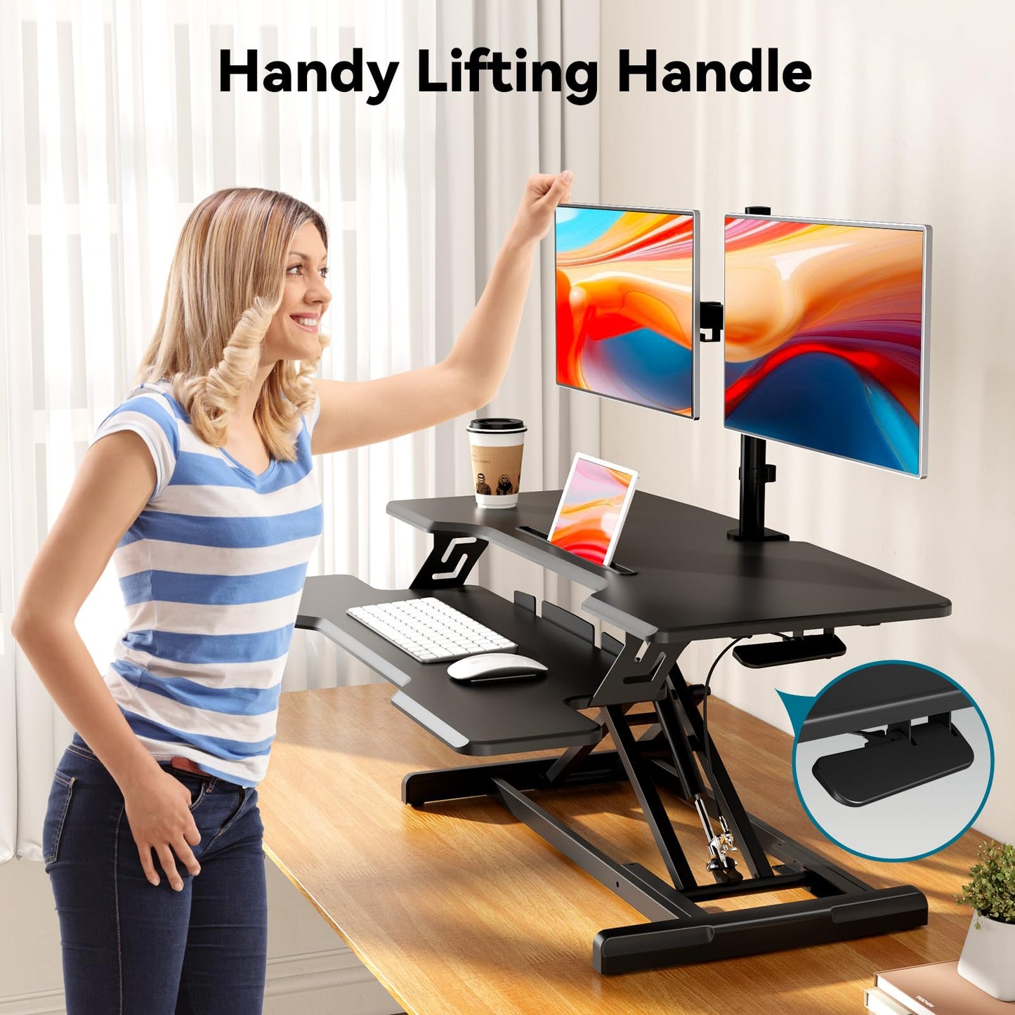 JYLH JOYSEEKER 35" Standing Desk Converter, Height Adjustable Desktop Riser with Keyboard Tray for Two Monitors, Sit to Stand up Computer Workstation for Home Office, Black