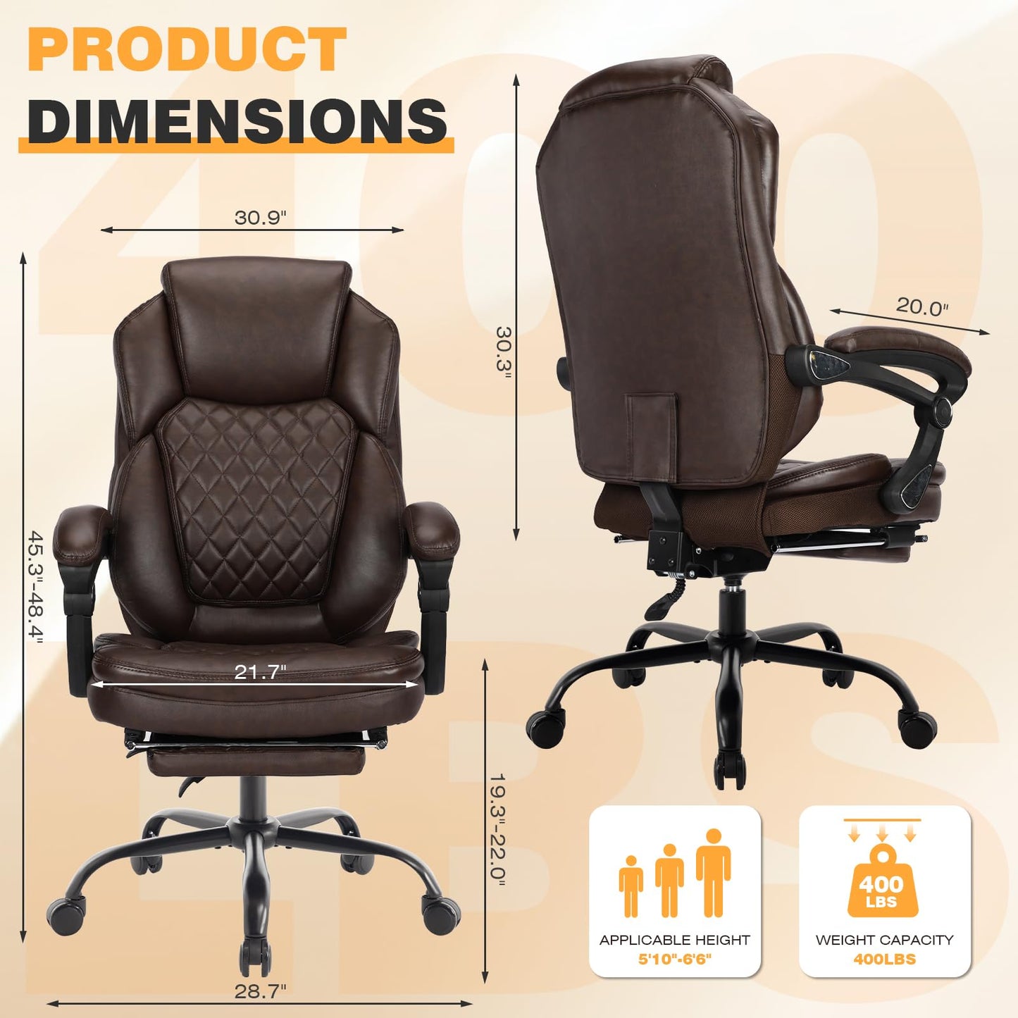 linting 400lbs Ergonomic Reclining Office Chair with Footrest, Plus Size Big Tall Leather Recliner Office Desk Chairs with Foot Leg Rest, Brown